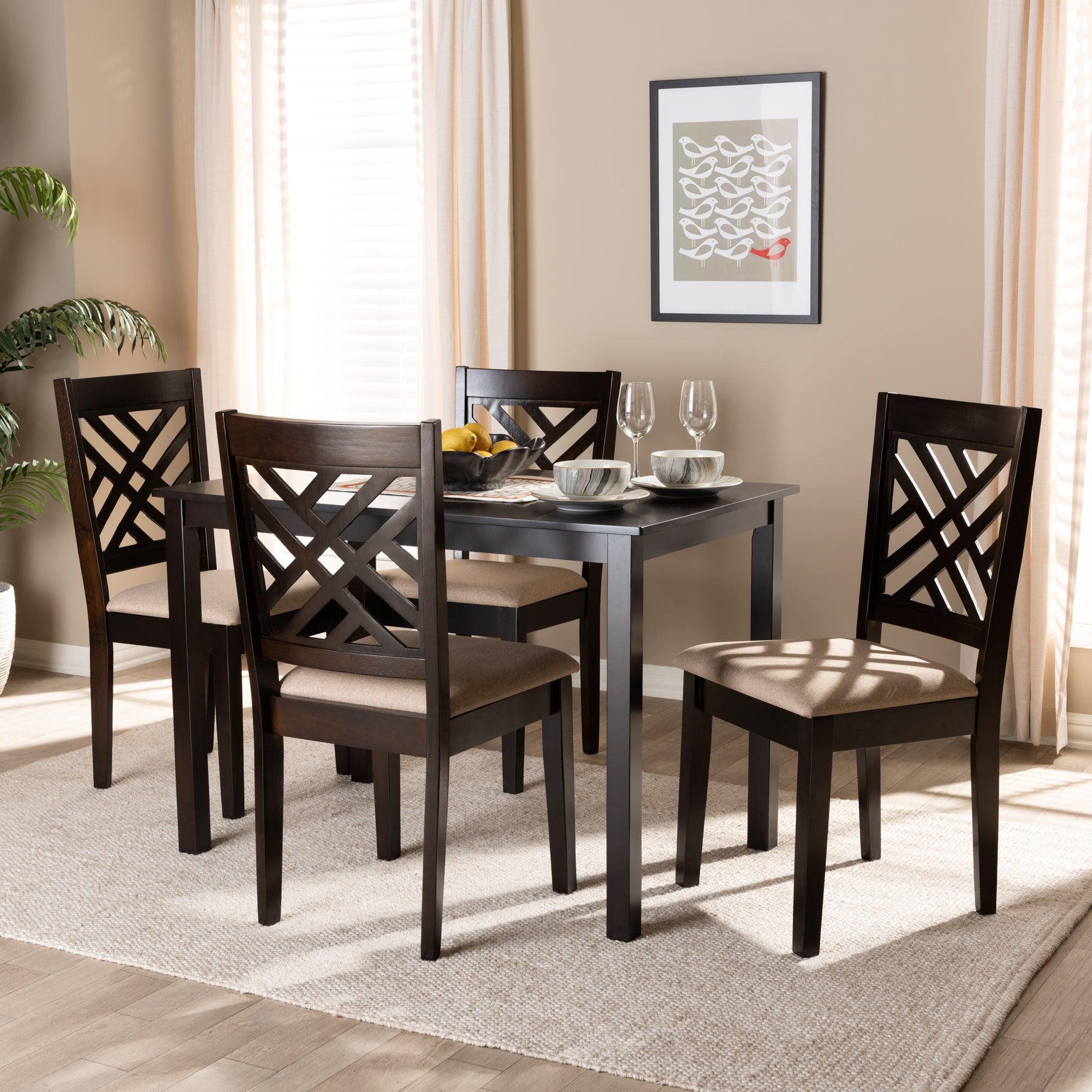 Caron Modern and Contemporary Sand Fabric Upholstered Espresso Finished Wood 5-Piece Dining Set