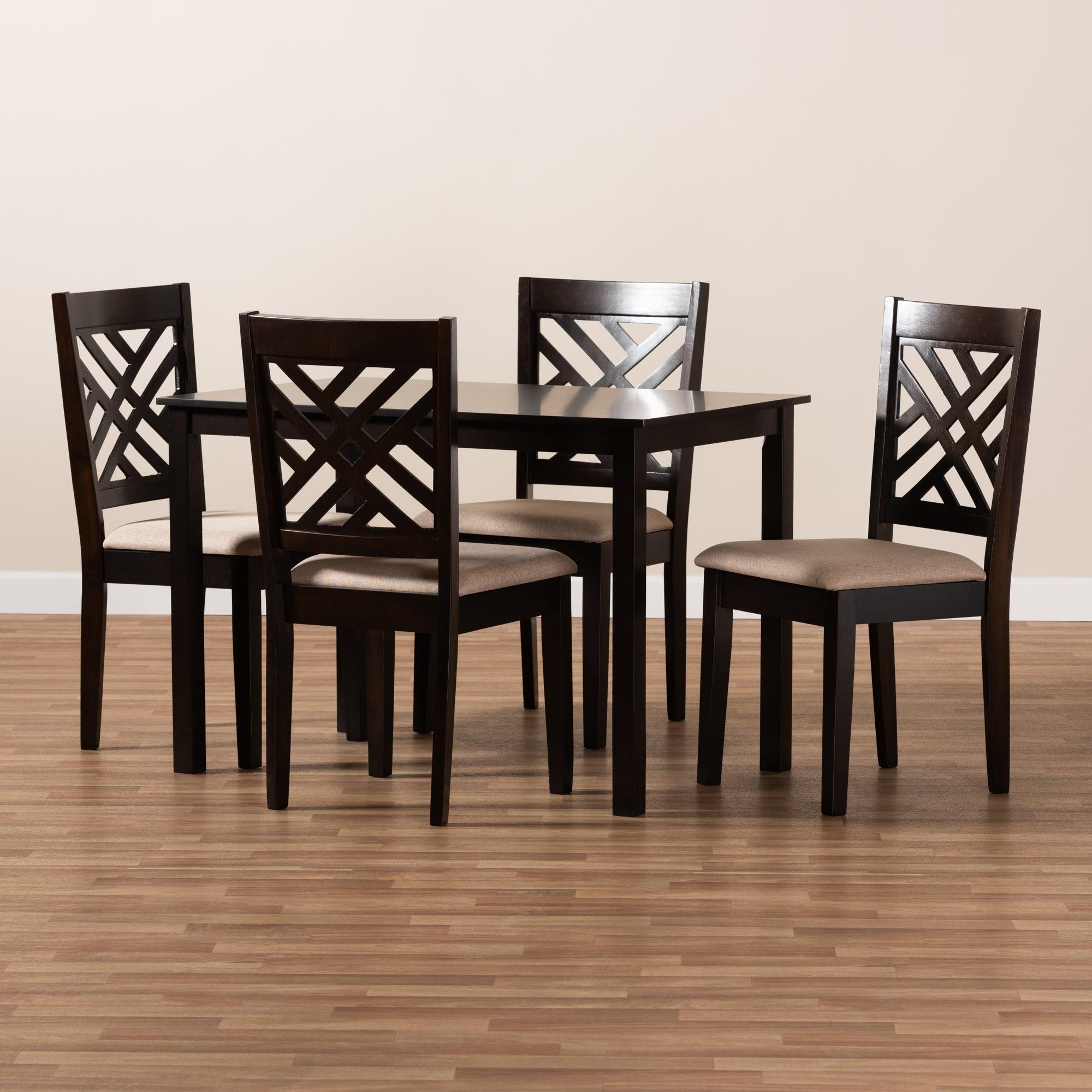 Caron Modern and Contemporary Sand Fabric Upholstered Espresso Finished Wood 5-Piece Dining Set