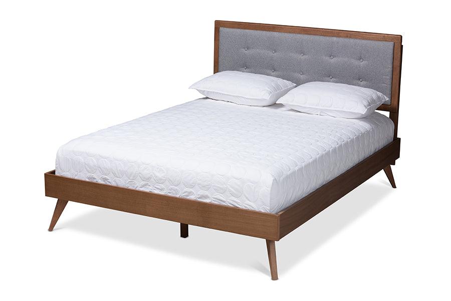 Ines Mid-Century Modern Light Fabric Upholstered Finished Wood Platform Bed