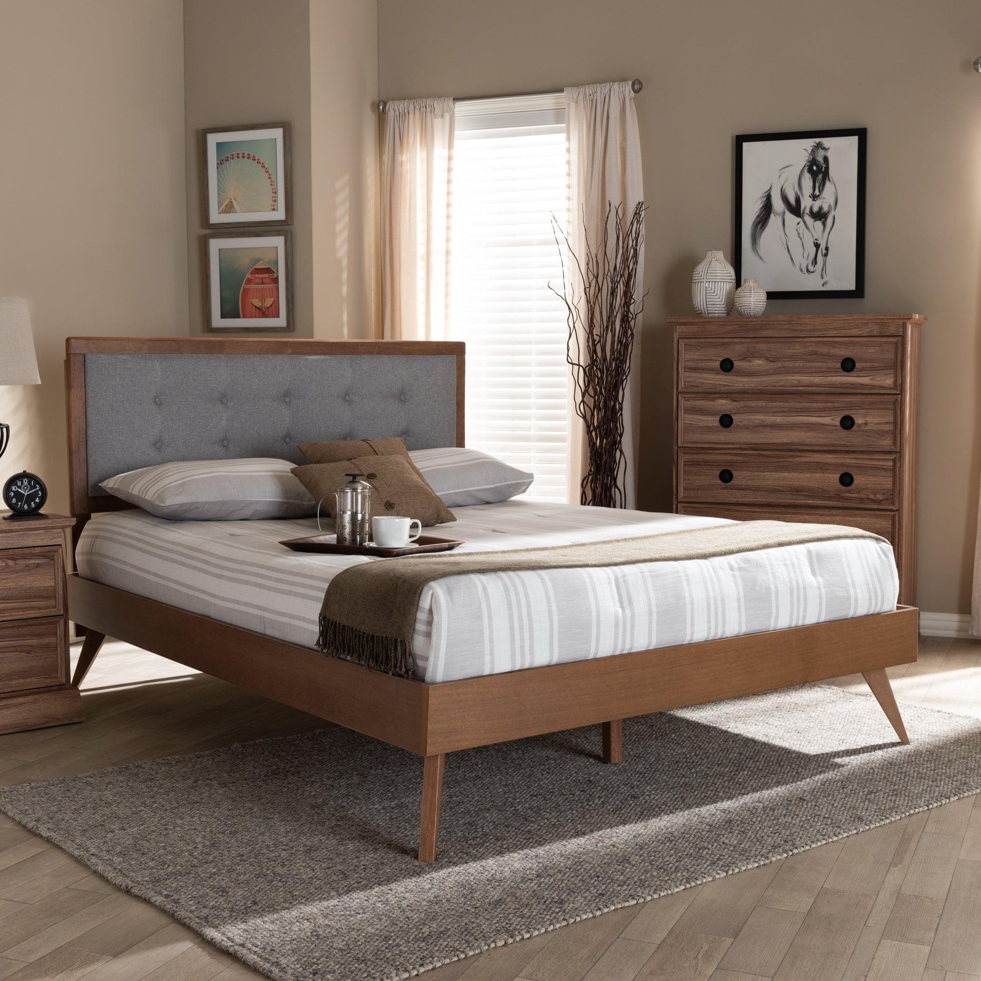 Ines Mid-Century Modern Light Fabric Upholstered Finished Wood Platform Bed