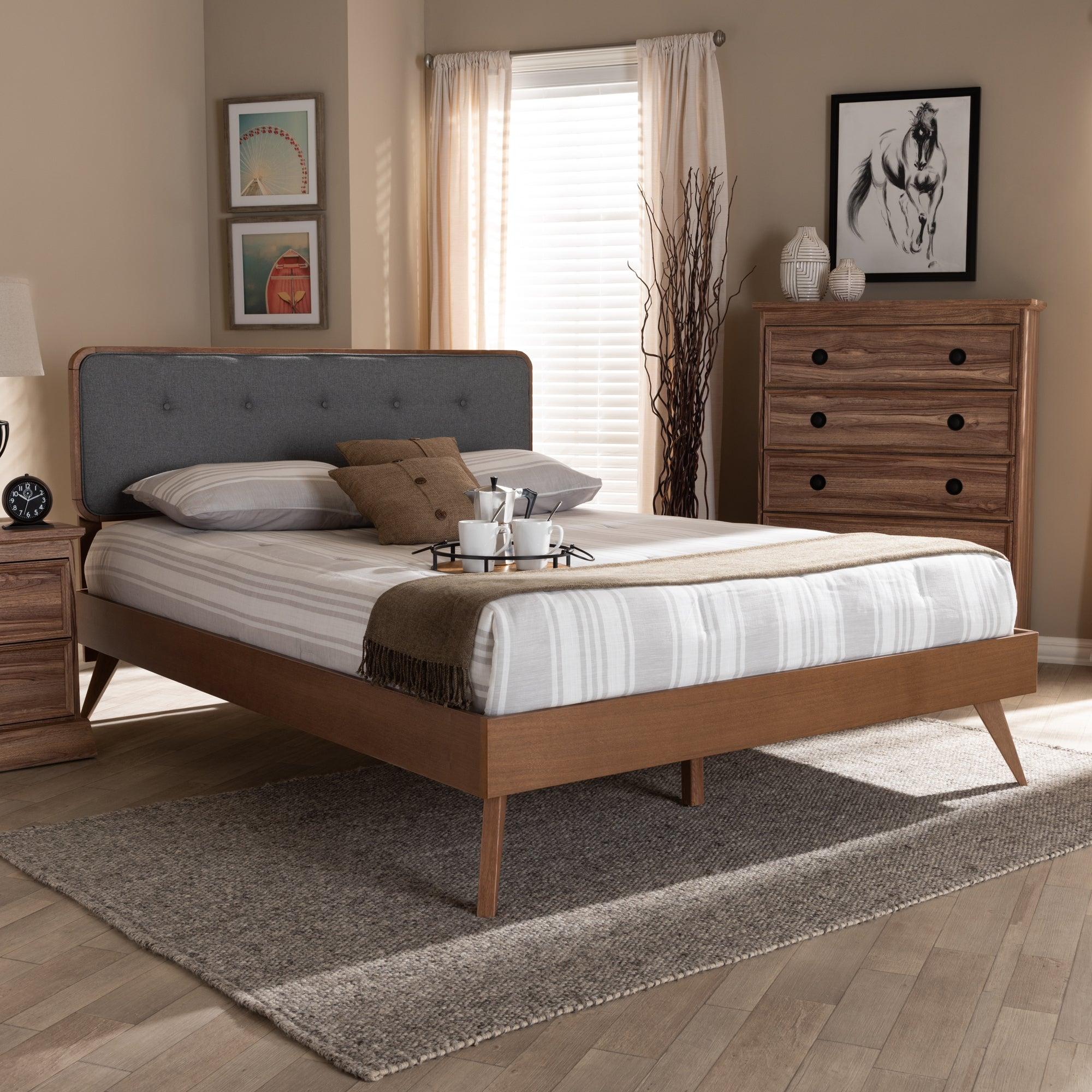 Dilara Mid-Century Modern Dark Fabric Upholstered Finished Wood Platform Bed