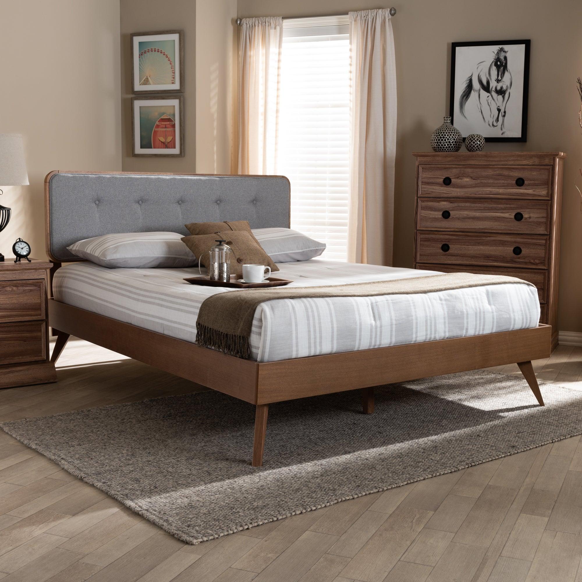 Dilara Mid-Century Modern Light Fabric Upholstered Finished Wood Platform Bed