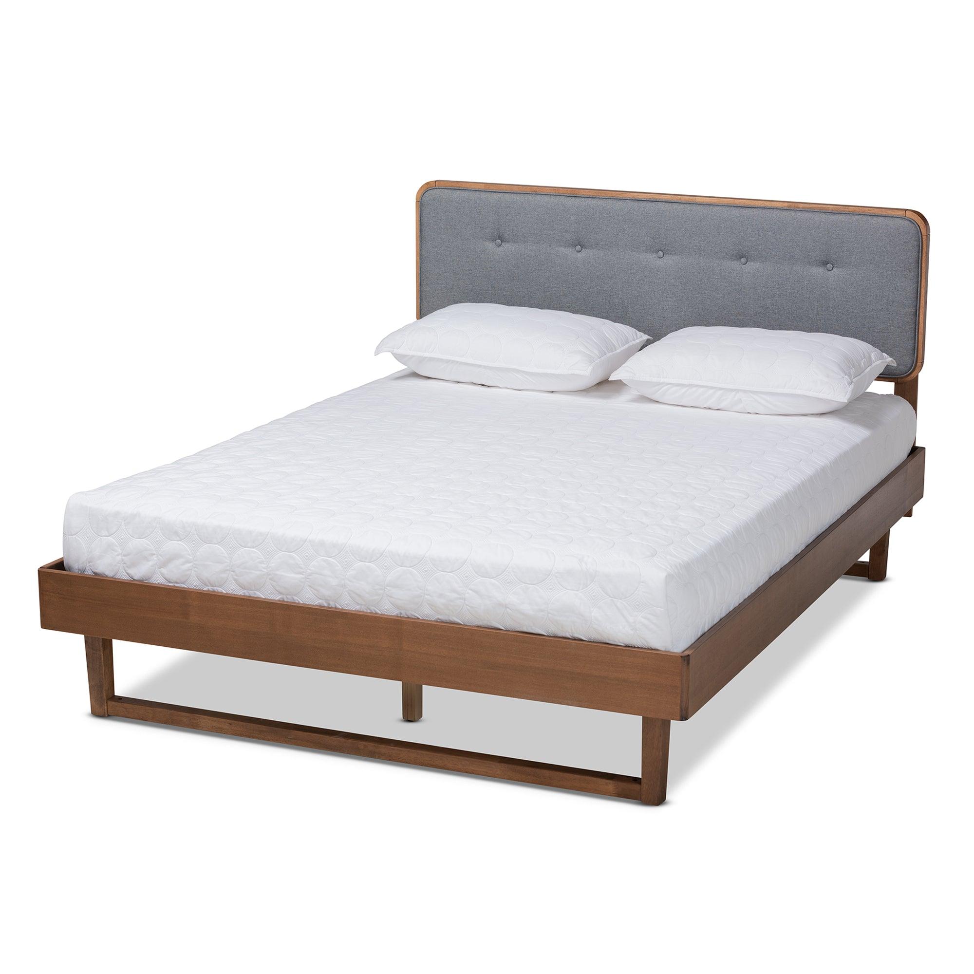 Natalia Mid-Century Modern Dark Fabric Upholstered and Ash Finished Wood Platform Bed