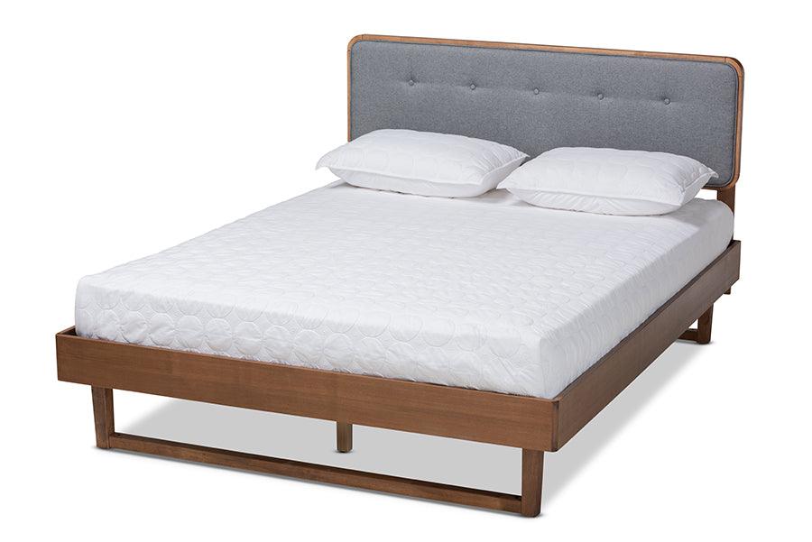 Natalia Mid-Century Modern Dark Fabric Upholstered and Ash Finished Wood Platform Bed