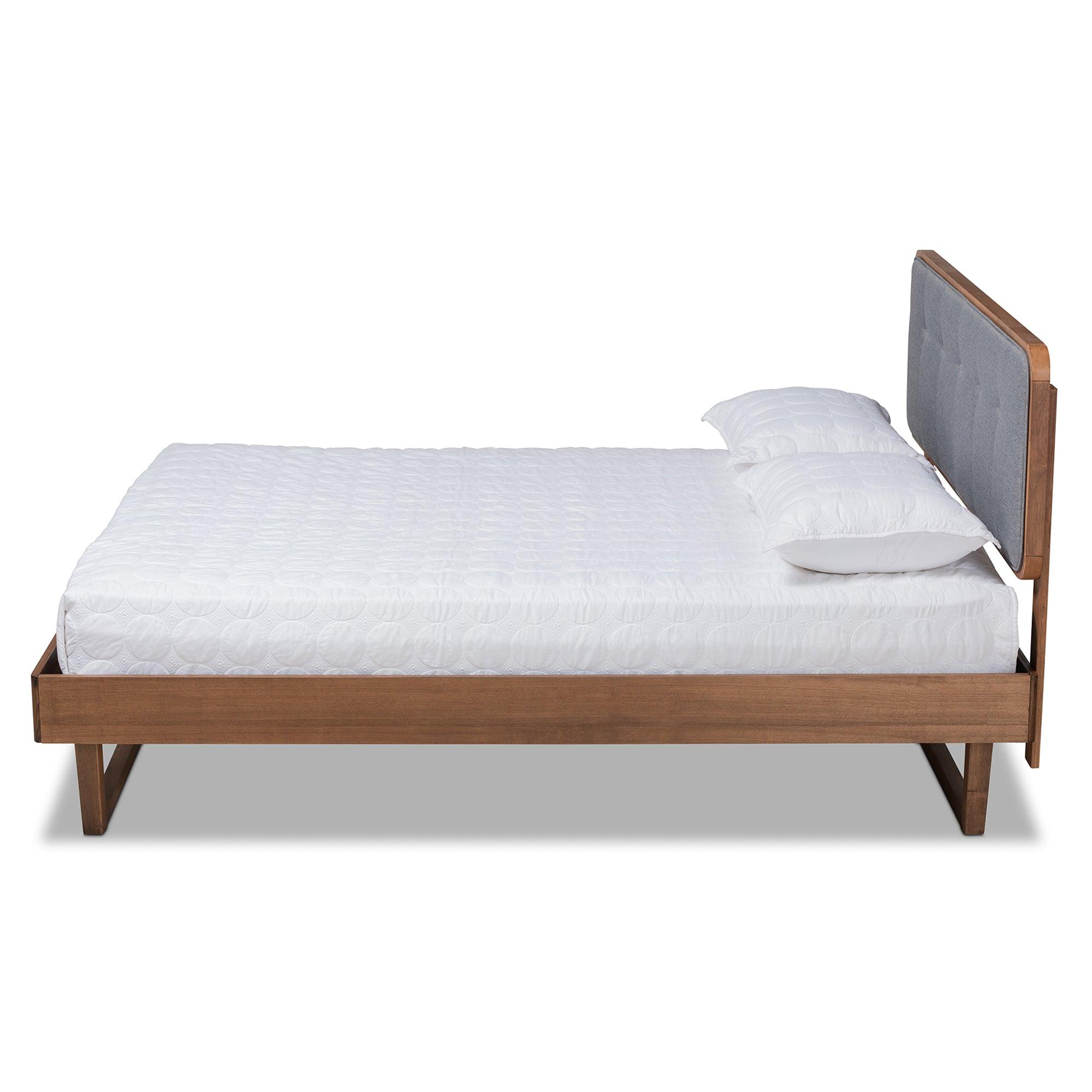 Natalia Mid-Century Modern Dark Fabric Upholstered and Ash Finished Wood Platform Bed