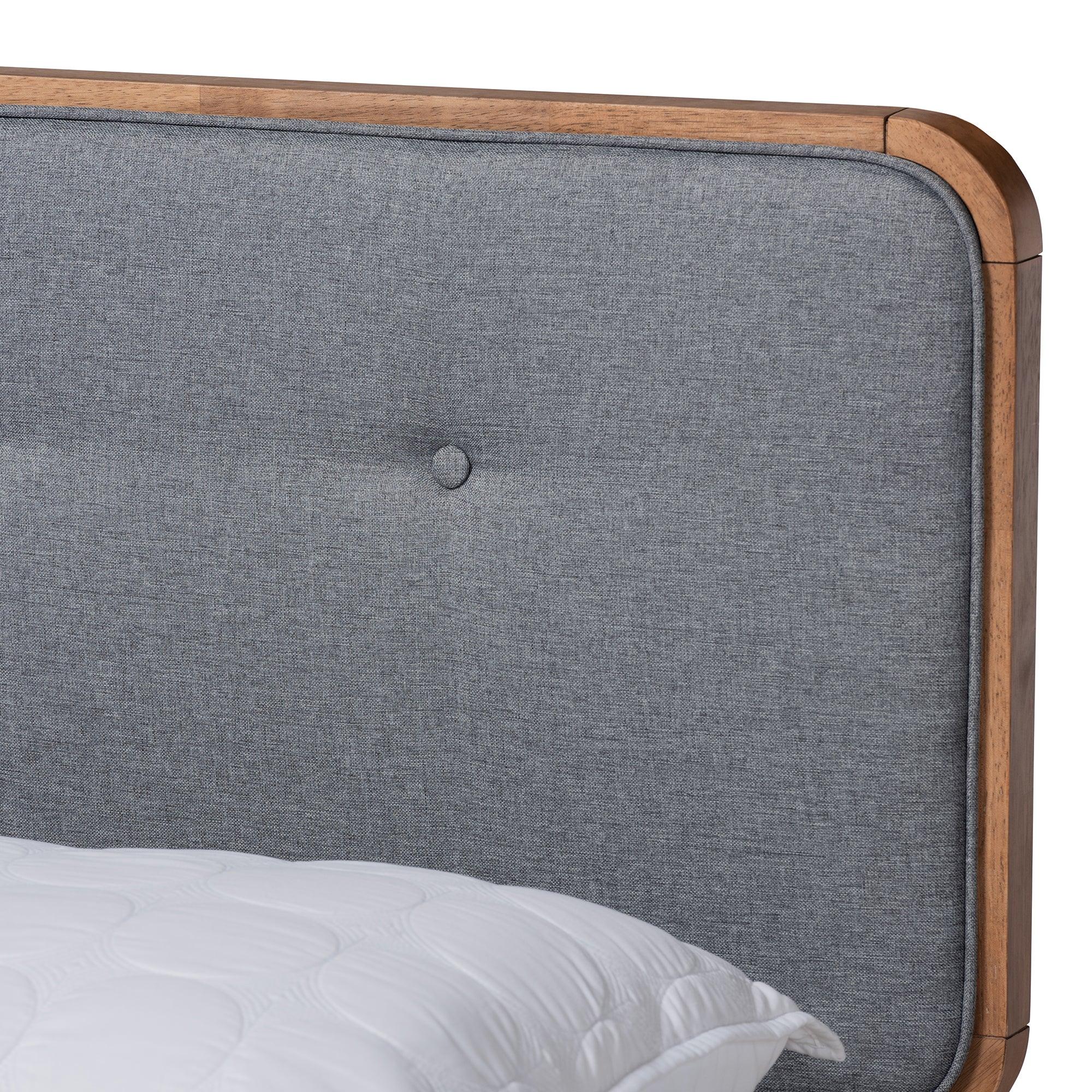 Natalia Mid-Century Modern Dark Fabric Upholstered and Ash Finished Wood Platform Bed