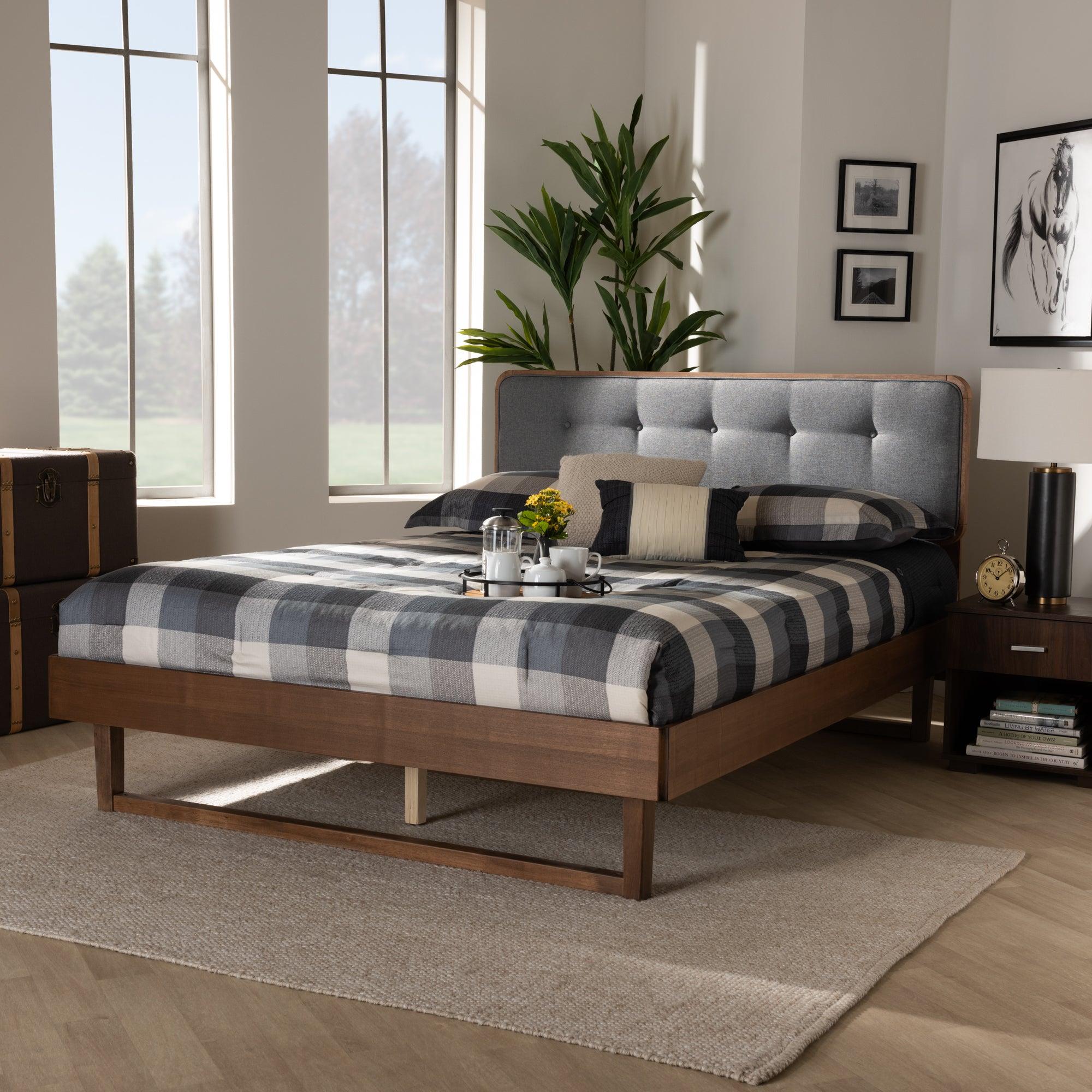 Natalia Mid-Century Modern Dark Fabric Upholstered and Ash Finished Wood Platform Bed