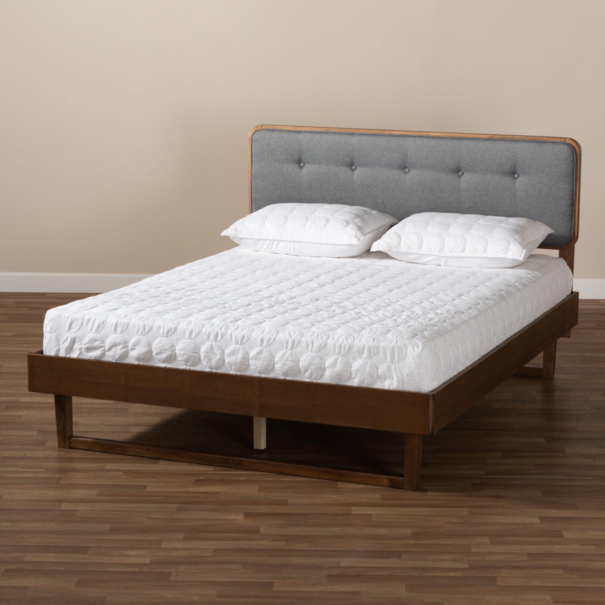 Natalia Mid-Century Modern Dark Fabric Upholstered and Ash Finished Wood Platform Bed