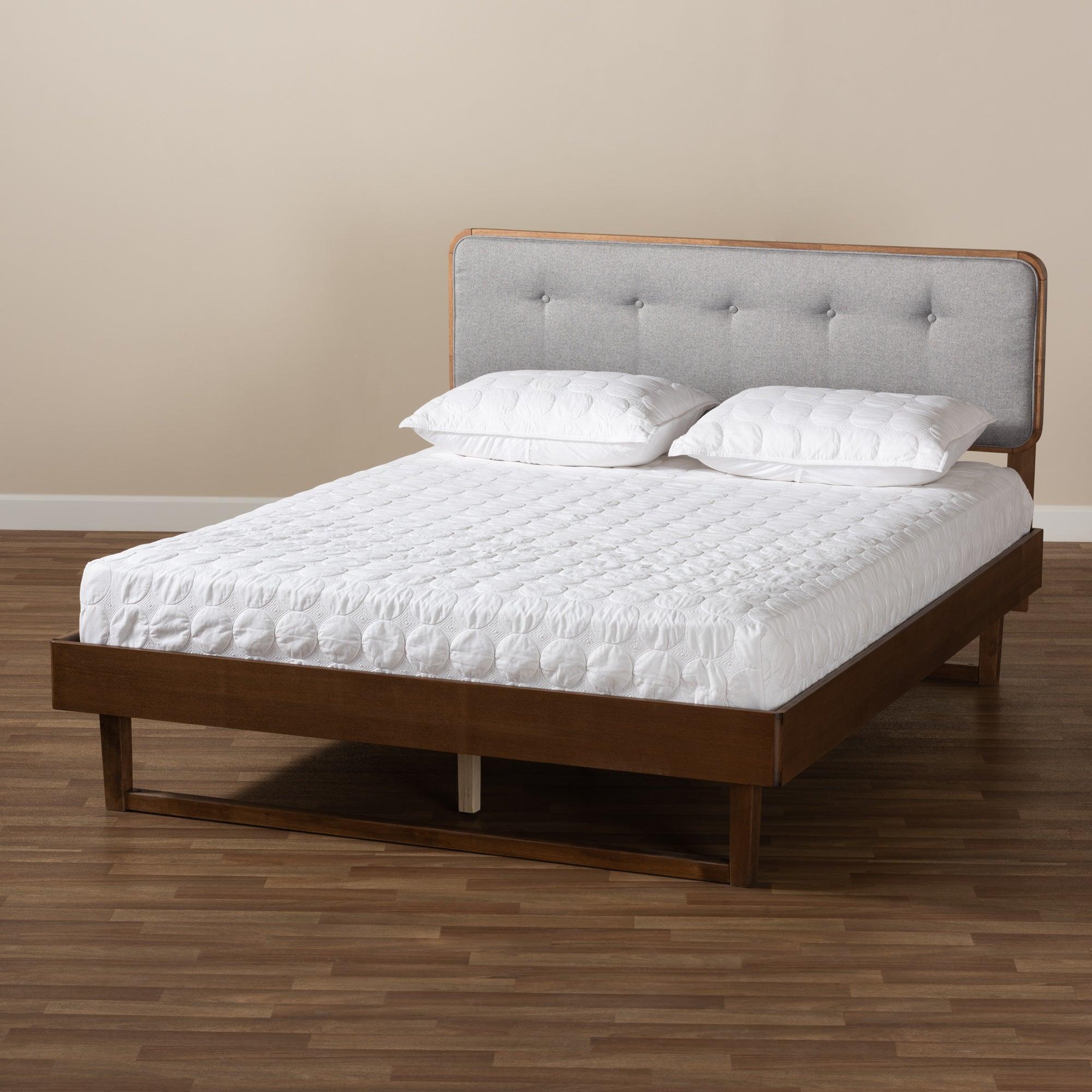 Natalia Mid-Century Modern Light Fabric Upholstered and Ash Finished Wood Platform Bed