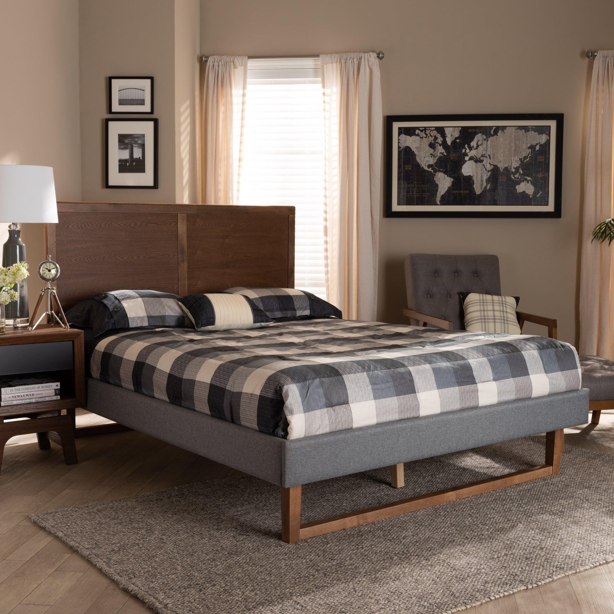 Allegra Mid-Century Modern Dark Fabric Upholstered and Ash Finished Wood Platform Bed