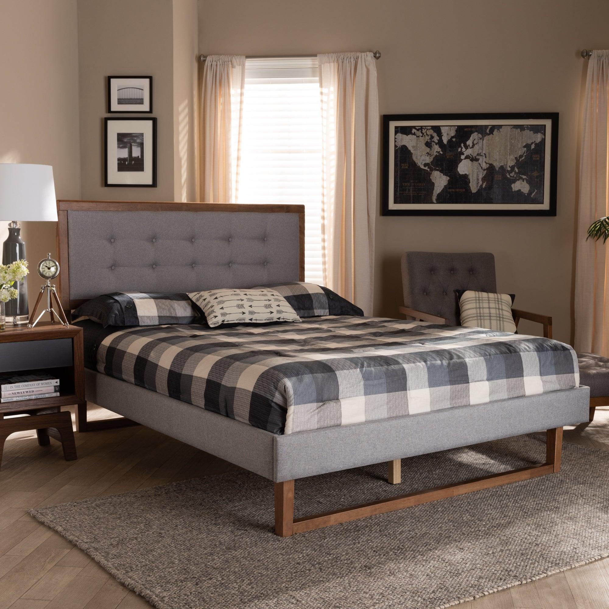 Livinia Modern Transitional Light Fabric Upholstered and Ash Finished Wood Platform Bed