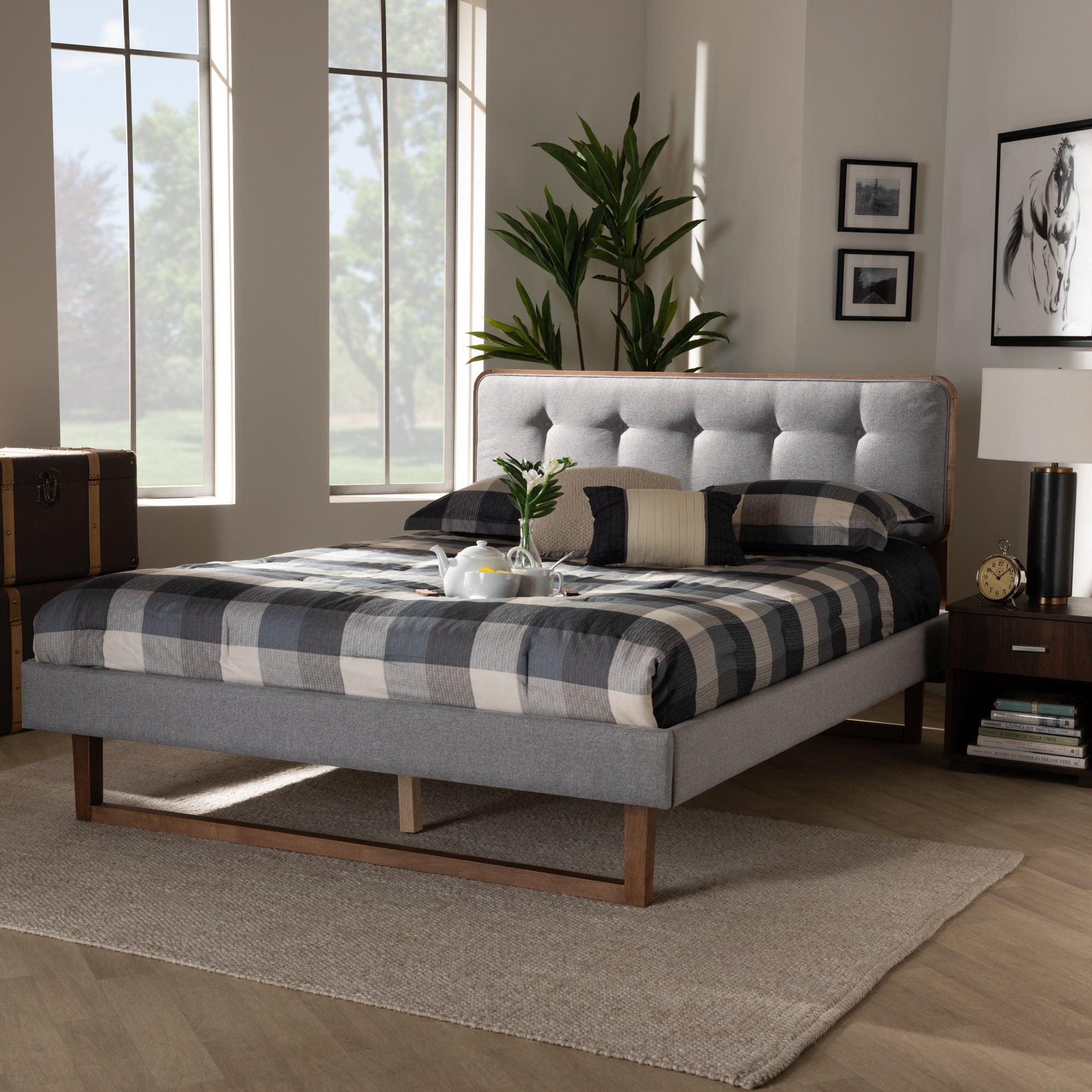 Sofia Mid-Century Modern Light Fabric Upholstered and Ash Finished Wood Platform Bed