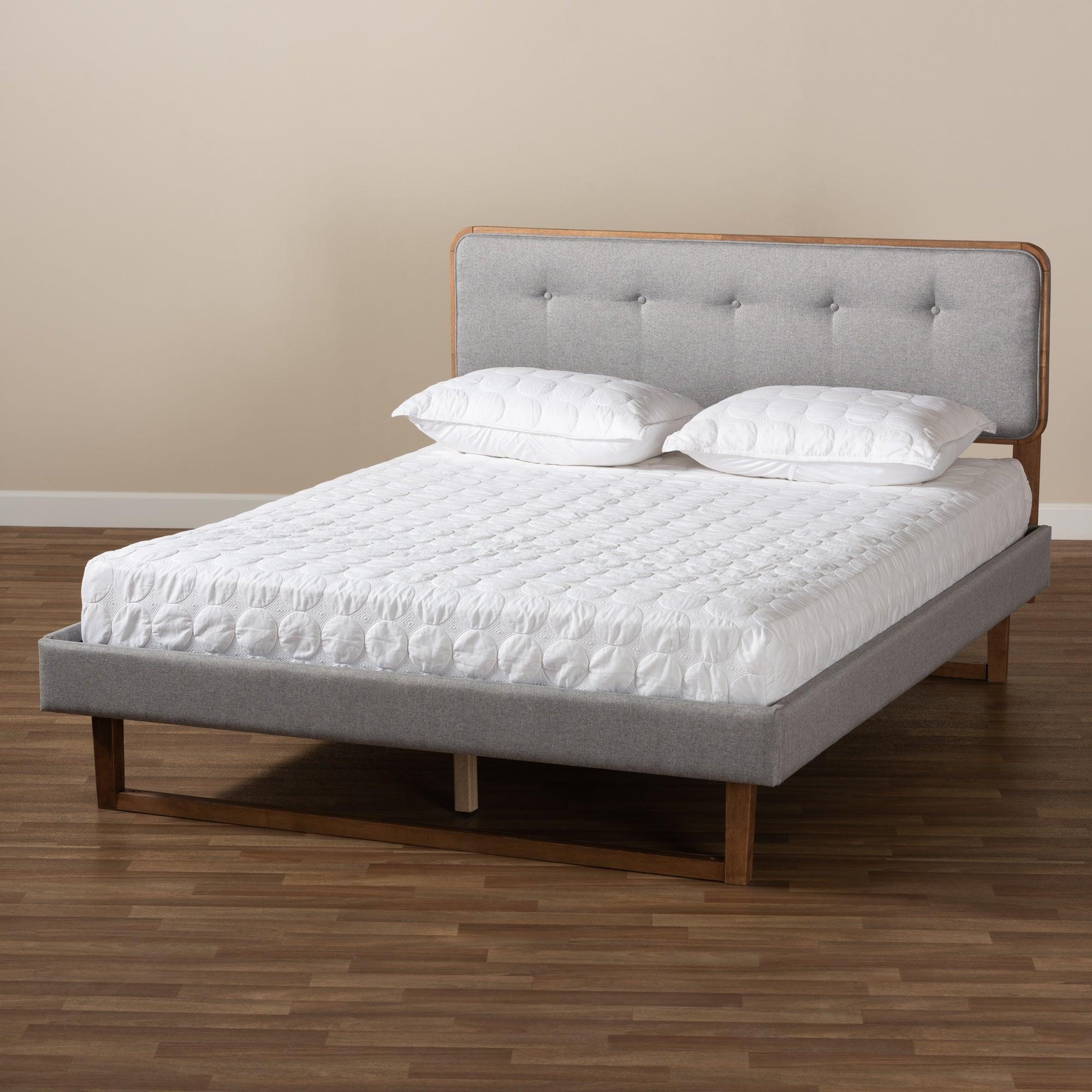 Sofia Mid-Century Modern Light Fabric Upholstered and Ash Finished Wood Platform Bed