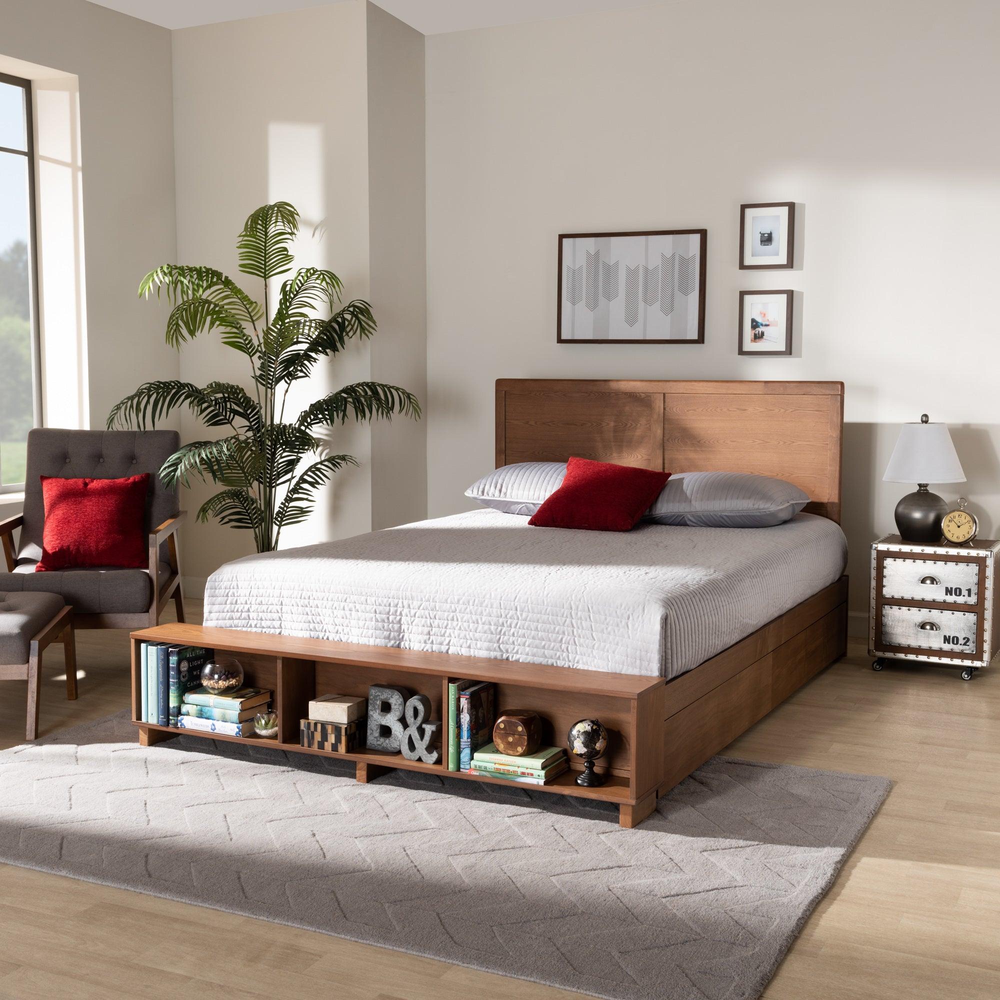 Tamsin Modern Transitional Ash Finished Wood 4-Drawer Platform Storage Bed with Built-In Shelves