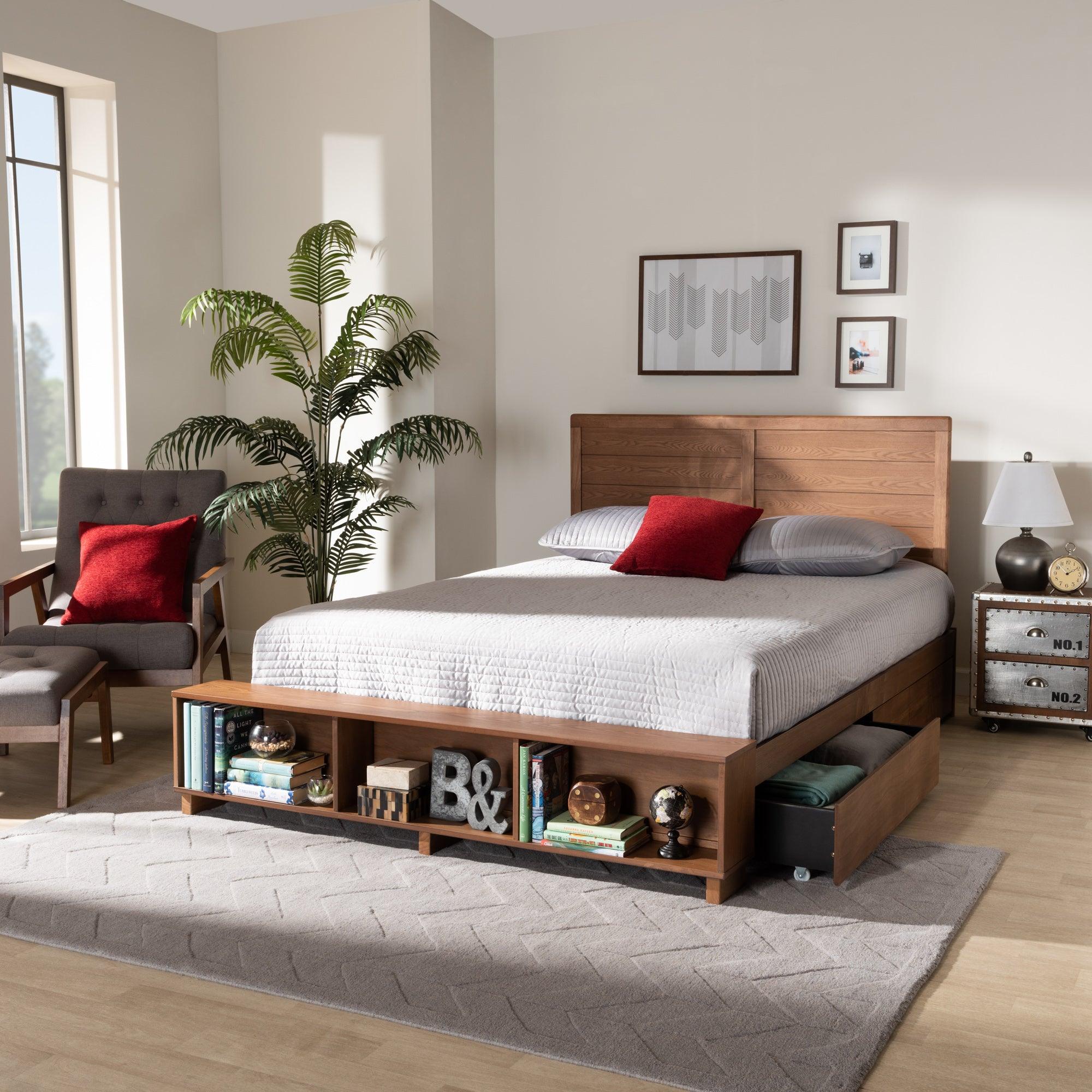 Alba Modern Transitional Ash Finished Wood 4-Drawer Platform Storage Bed with Built-In Shelves