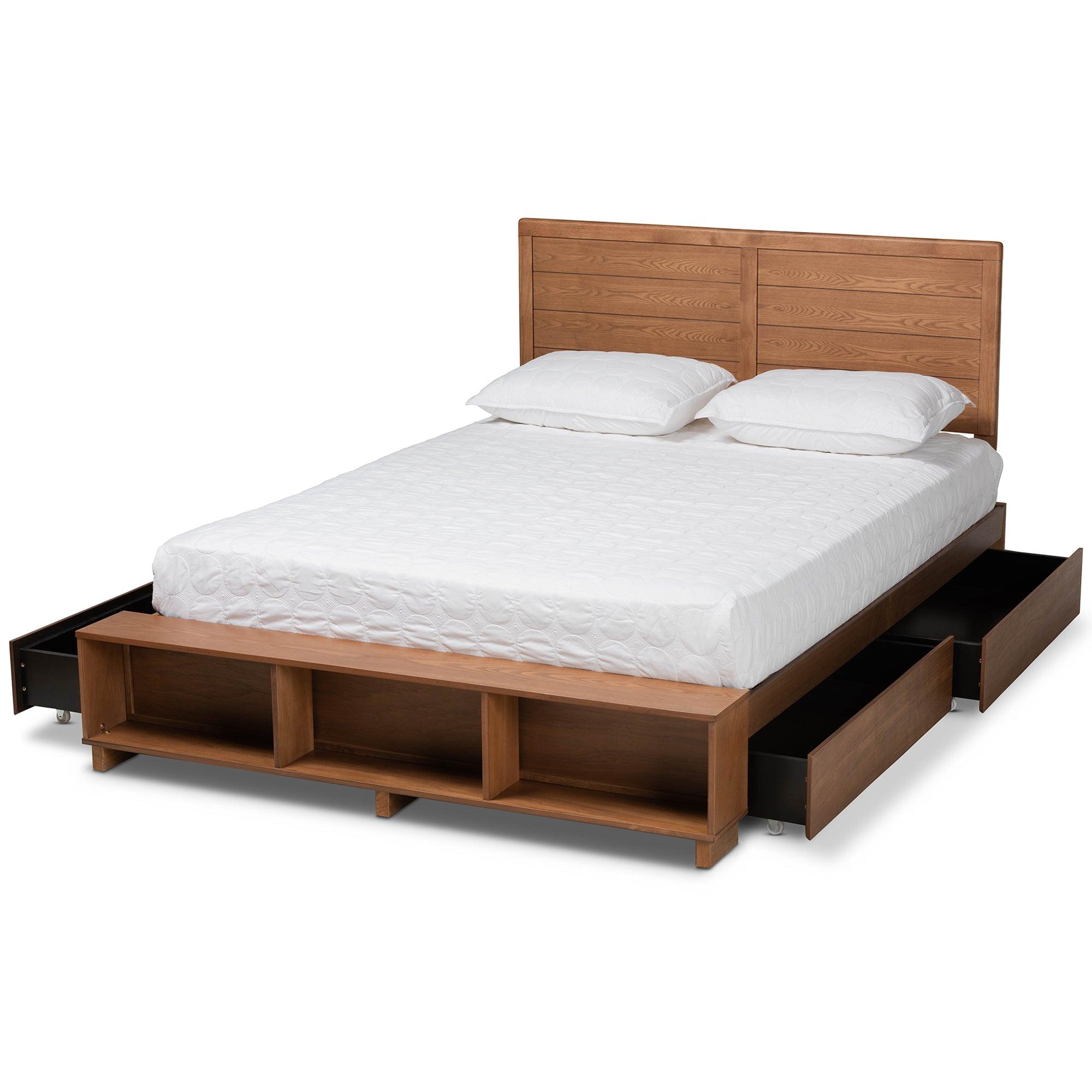 Alba Modern Transitional Ash Finished Wood 4-Drawer Platform Storage Bed with Built-In Shelves