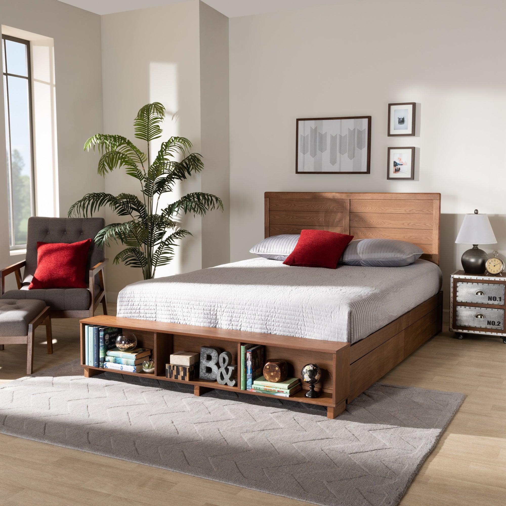 Alba Modern Transitional Ash Finished Wood 4-Drawer Platform Storage Bed with Built-In Shelves