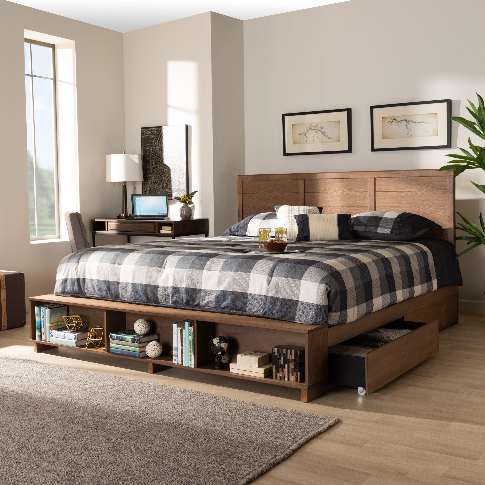 Alba Modern Transitional Ash Finished Wood 4-Drawer Platform Storage Bed with Built-In Shelves