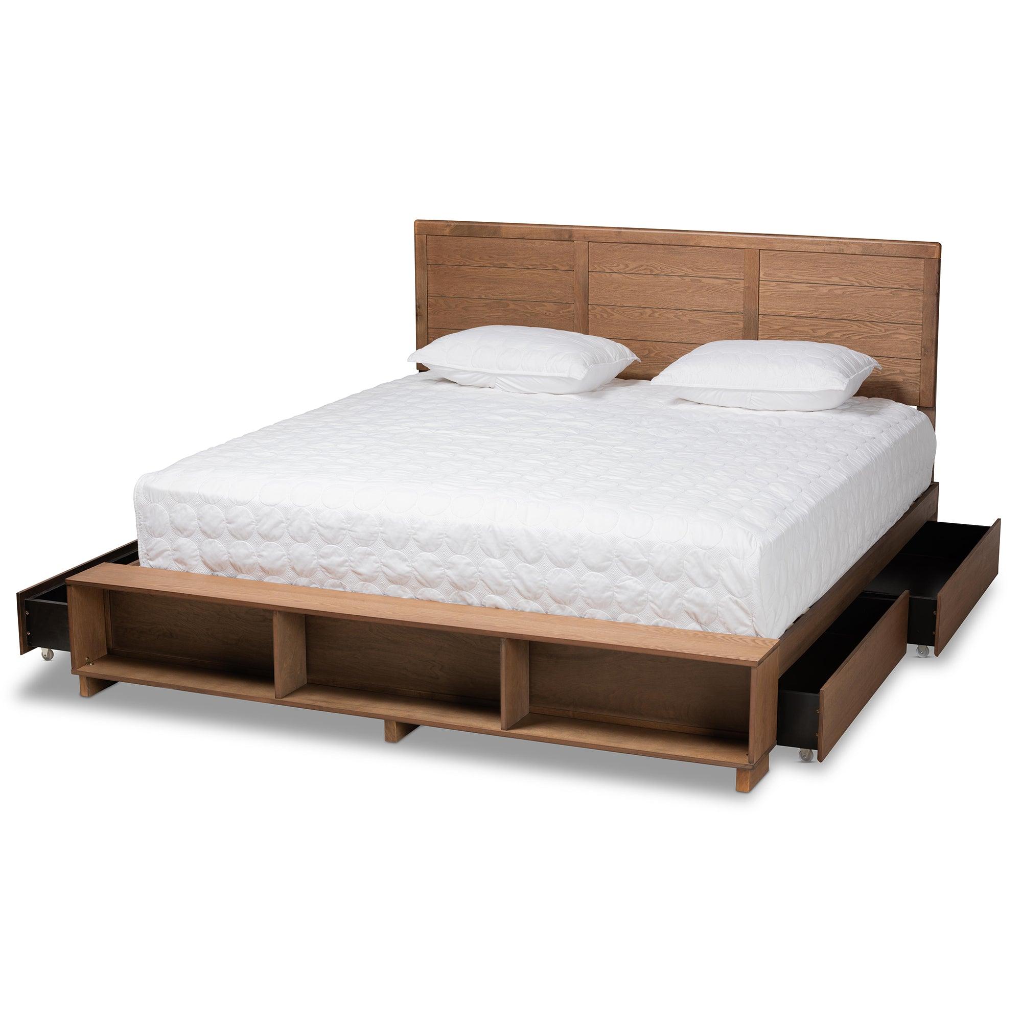 Alba Modern Transitional Ash Finished Wood 4-Drawer Platform Storage Bed with Built-In Shelves