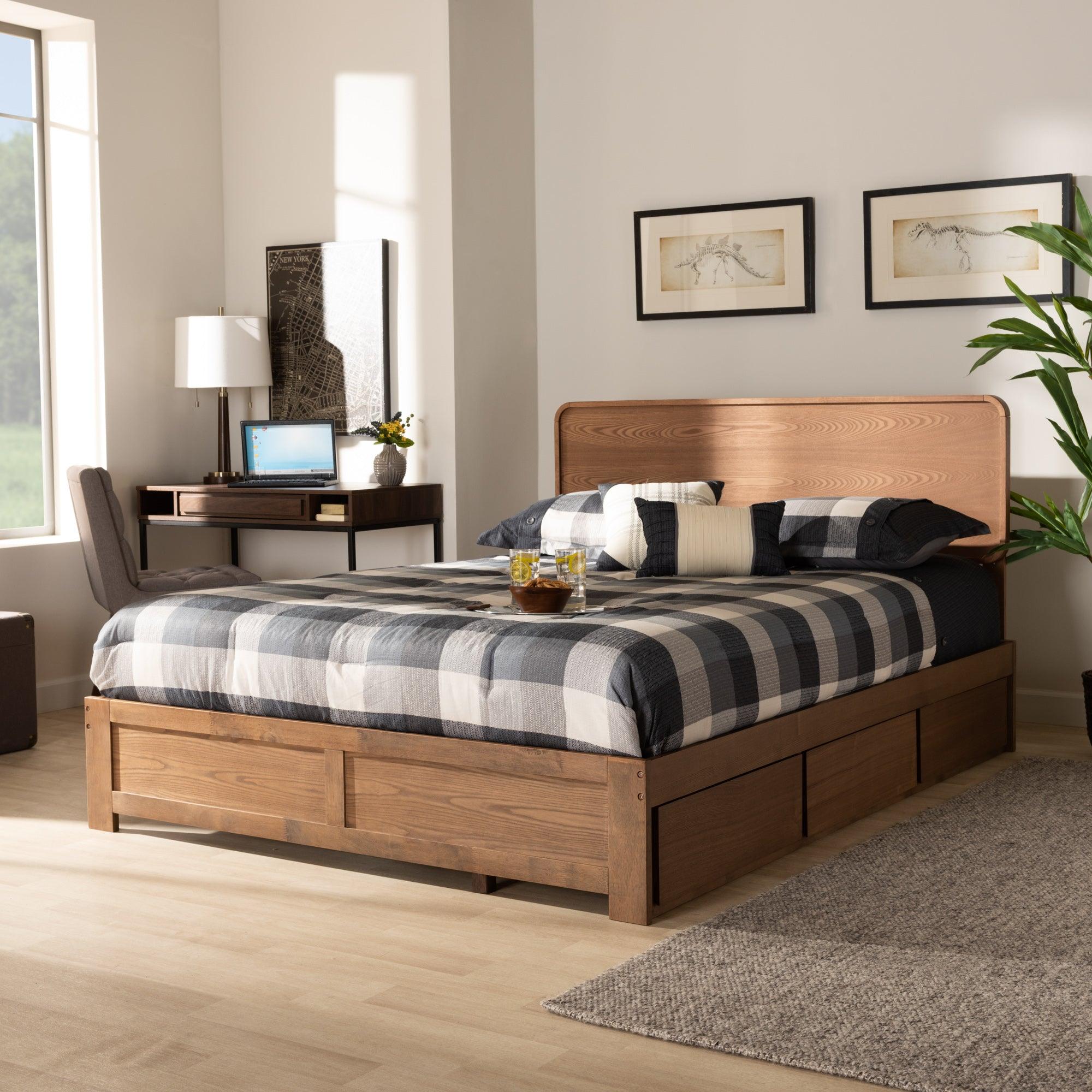 Eleni Modern and Contemporary Transitional Dark Fabric Upholstered and Ash Finished Wood 3-Drawer Platform Storage Bed