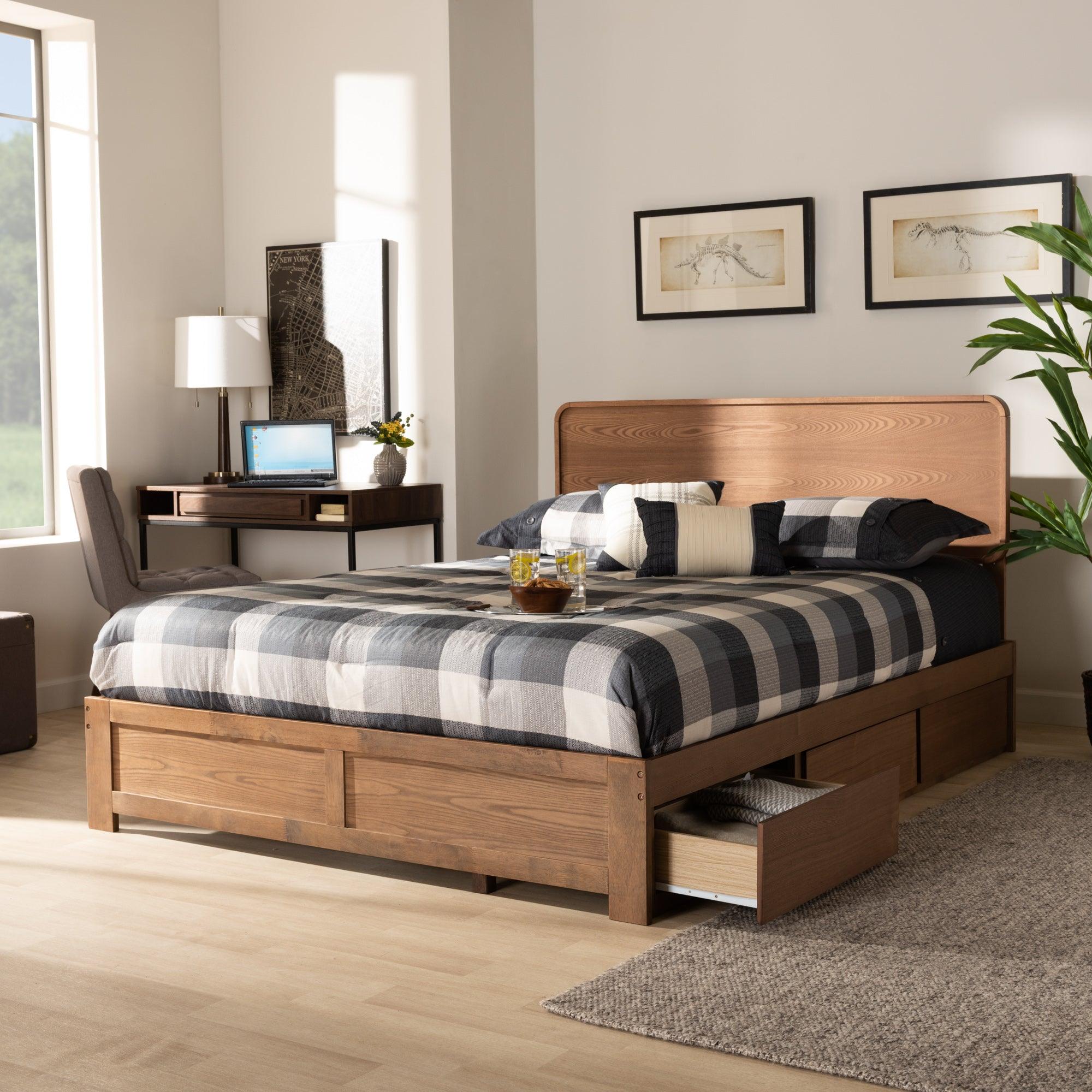 Eleni Modern and Contemporary Transitional Dark Fabric Upholstered and Ash Finished Wood 3-Drawer Platform Storage Bed