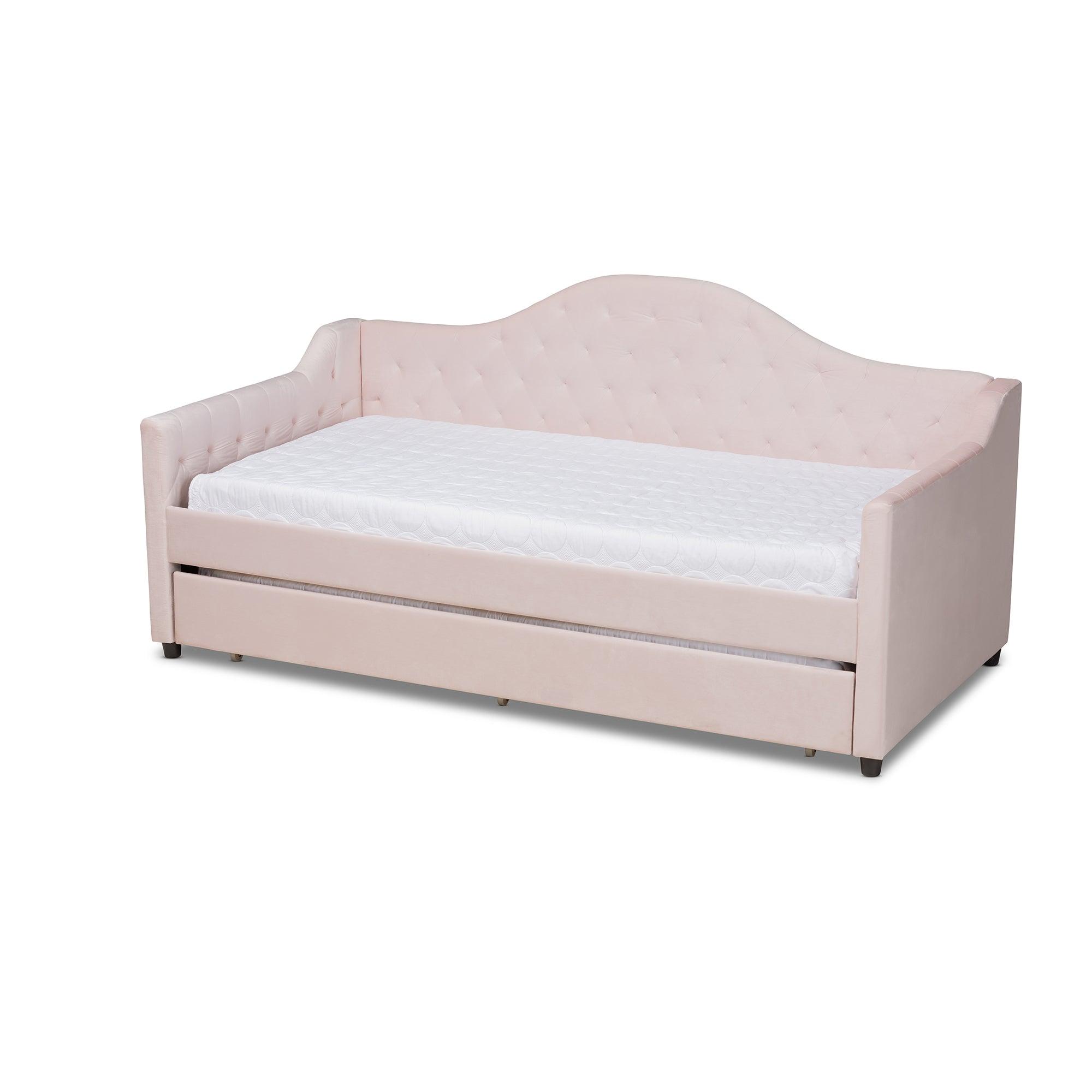 Perry Modern and Contemporary Light Velvet Fabric Upholstered and Button Tufted Daybed with Trundle