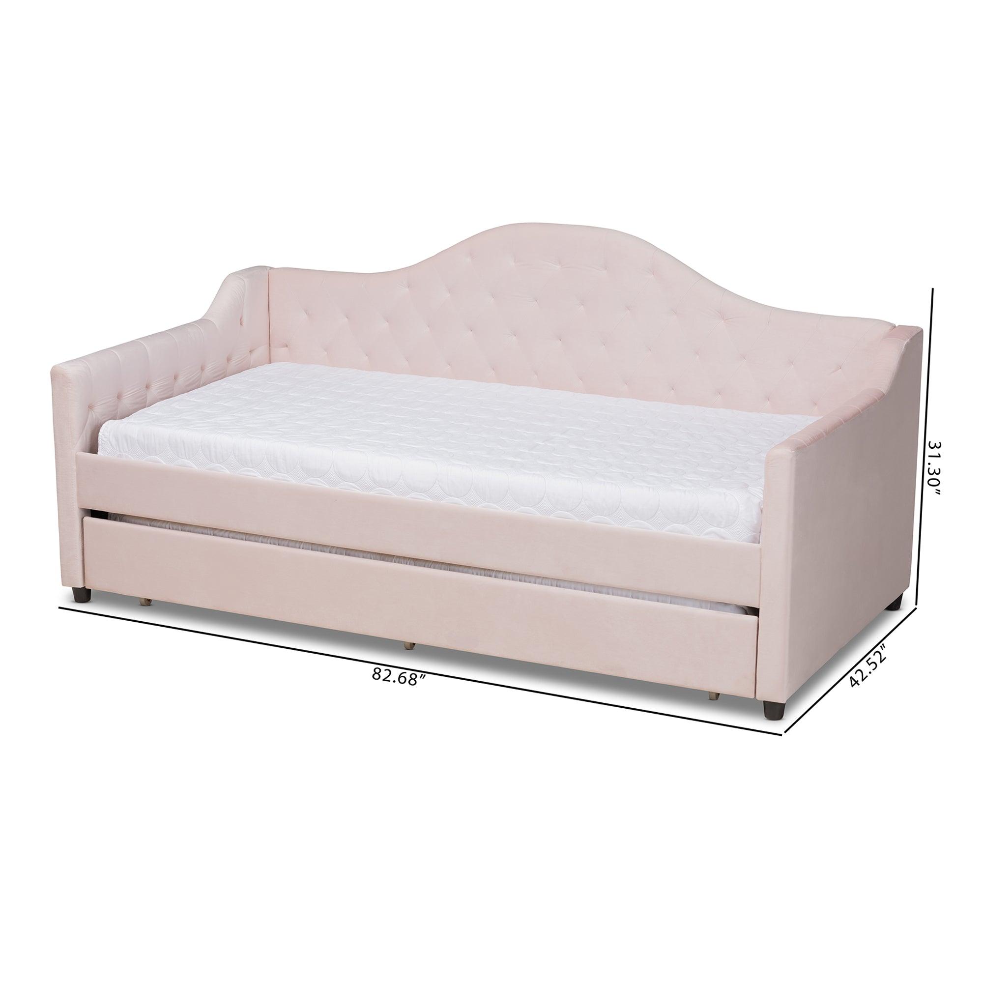 Perry Modern and Contemporary Light Velvet Fabric Upholstered and Button Tufted Daybed with Trundle