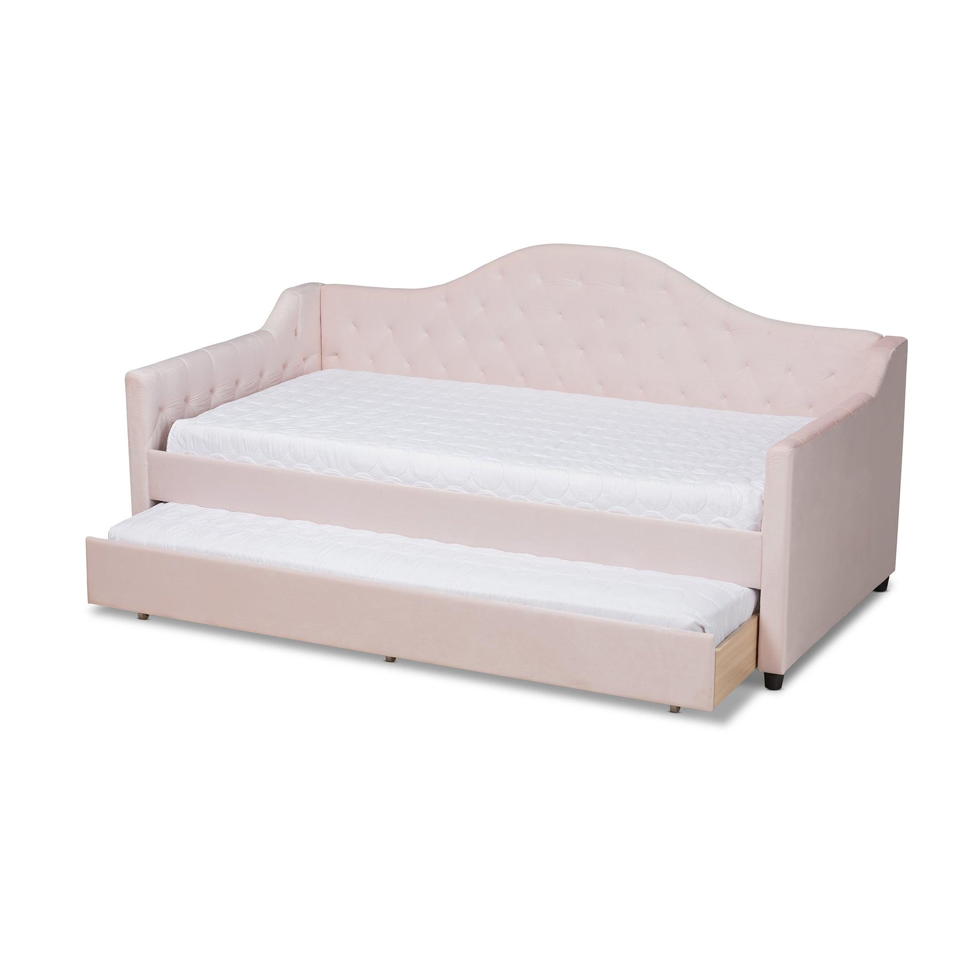 Perry Modern and Contemporary Light Velvet Fabric Upholstered and Button Tufted Daybed with Trundle