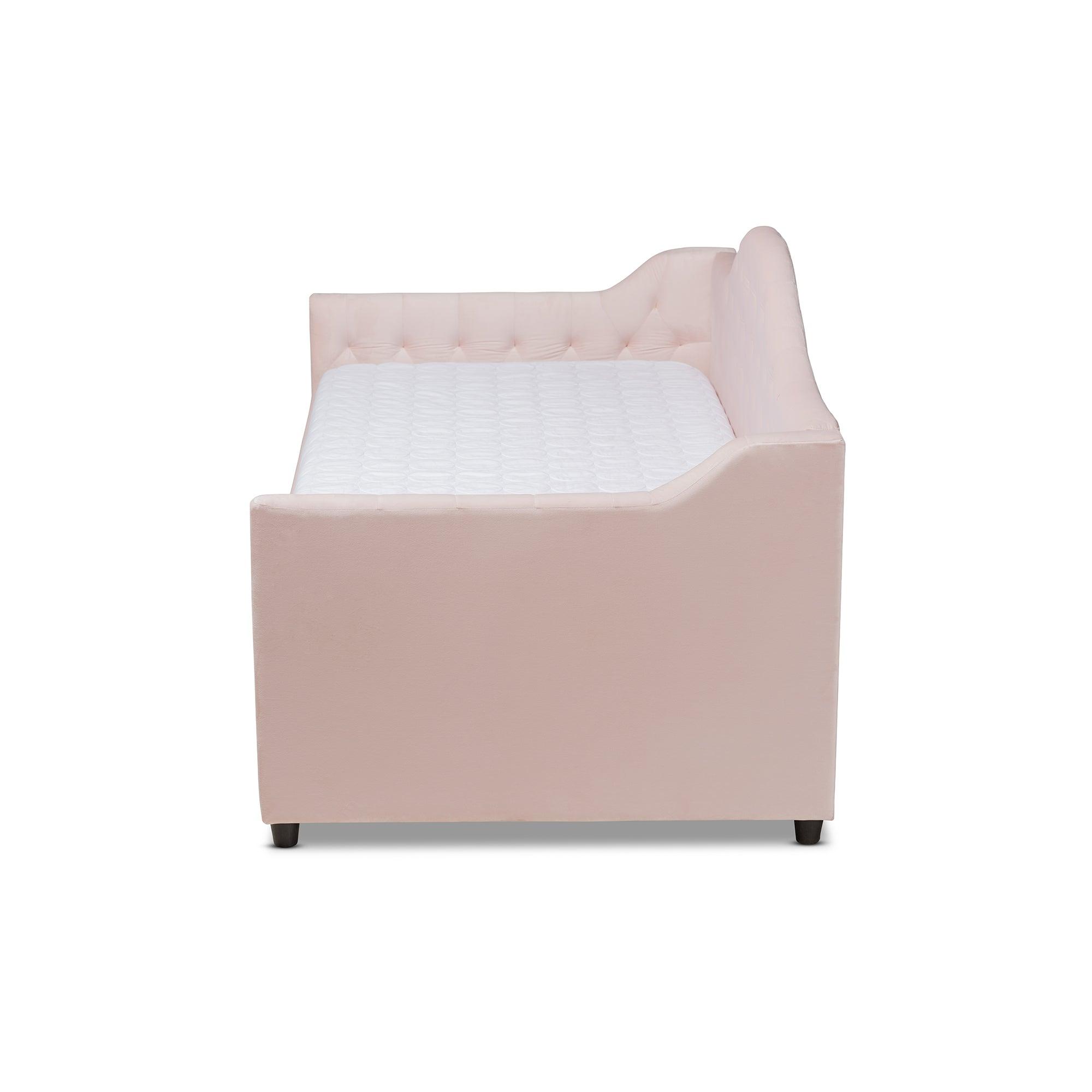 Perry Modern and Contemporary Light Velvet Fabric Upholstered and Button Tufted Daybed with Trundle