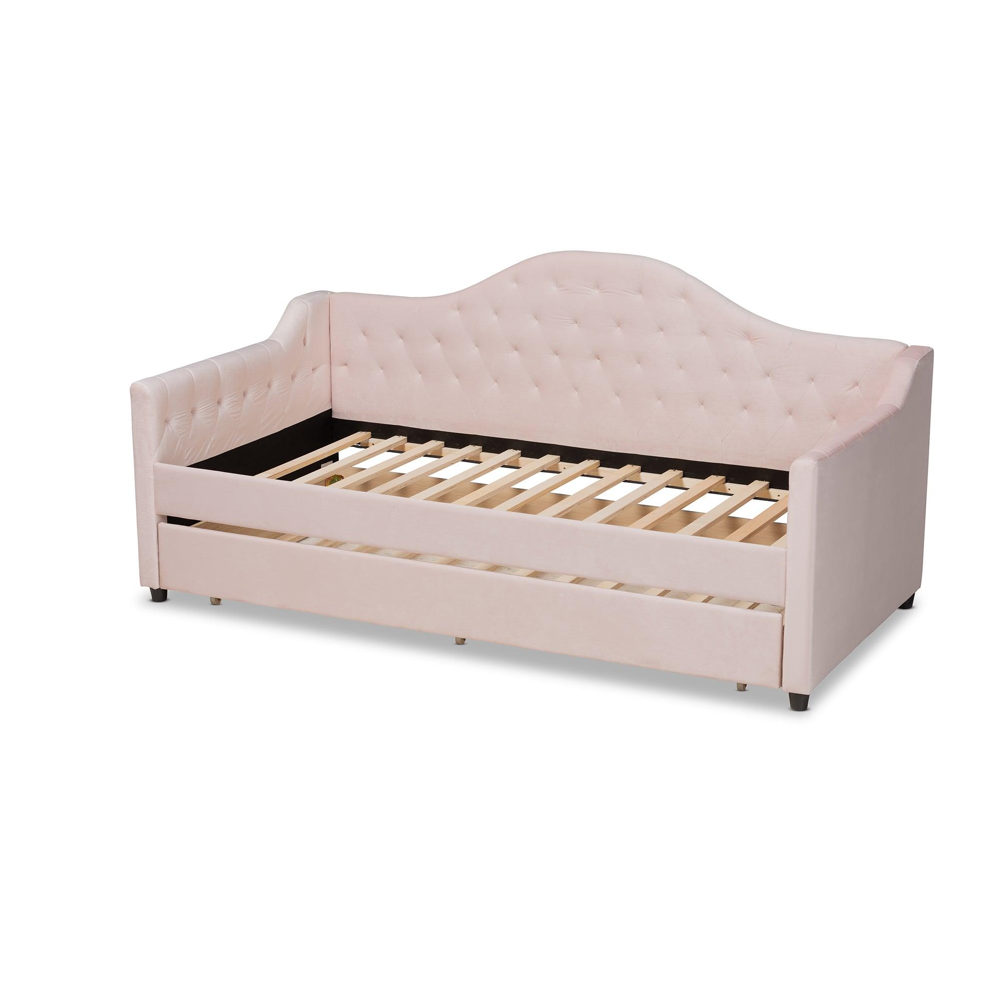 Perry Modern and Contemporary Light Velvet Fabric Upholstered and Button Tufted Daybed with Trundle