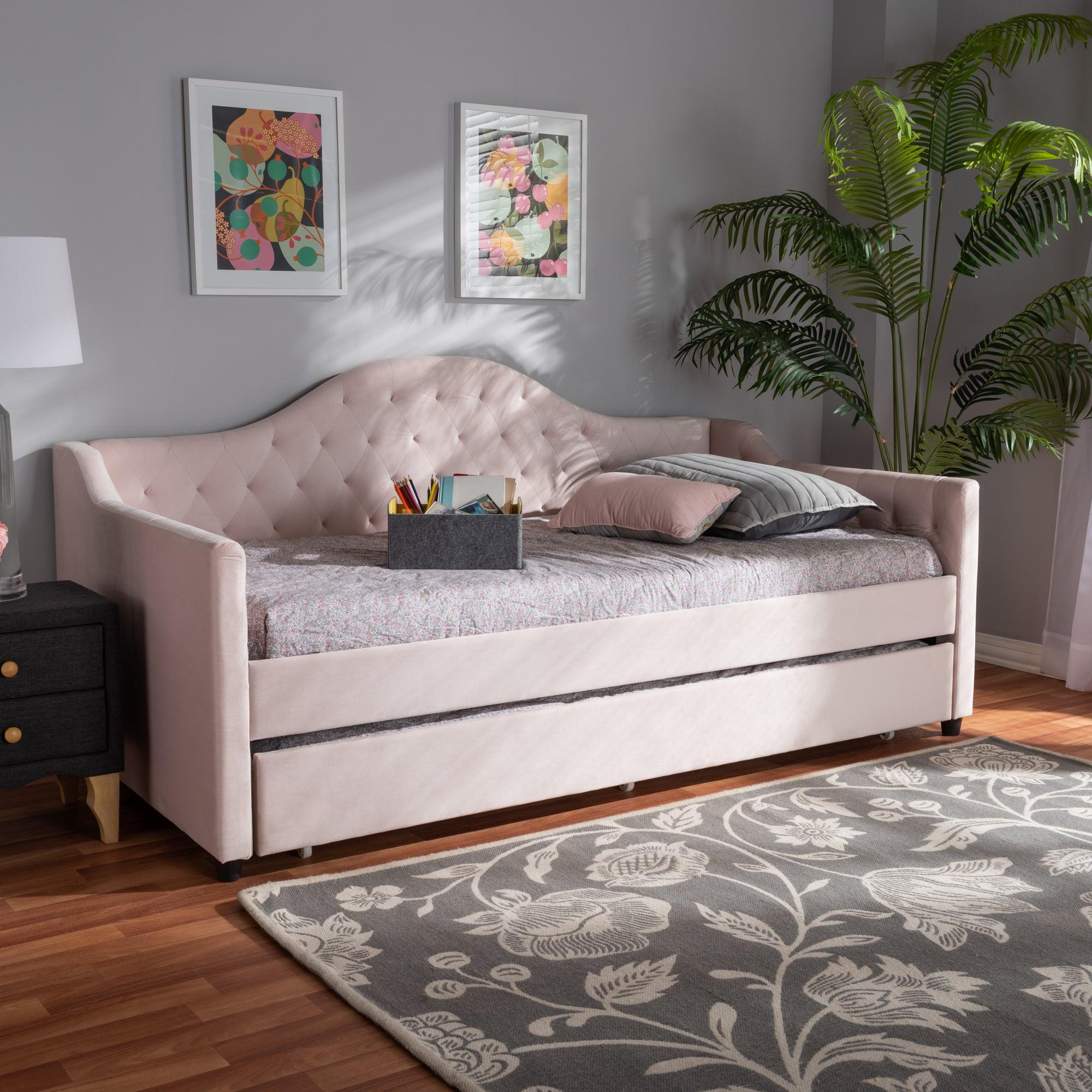 Perry Modern and Contemporary Light Velvet Fabric Upholstered and Button Tufted Daybed with Trundle