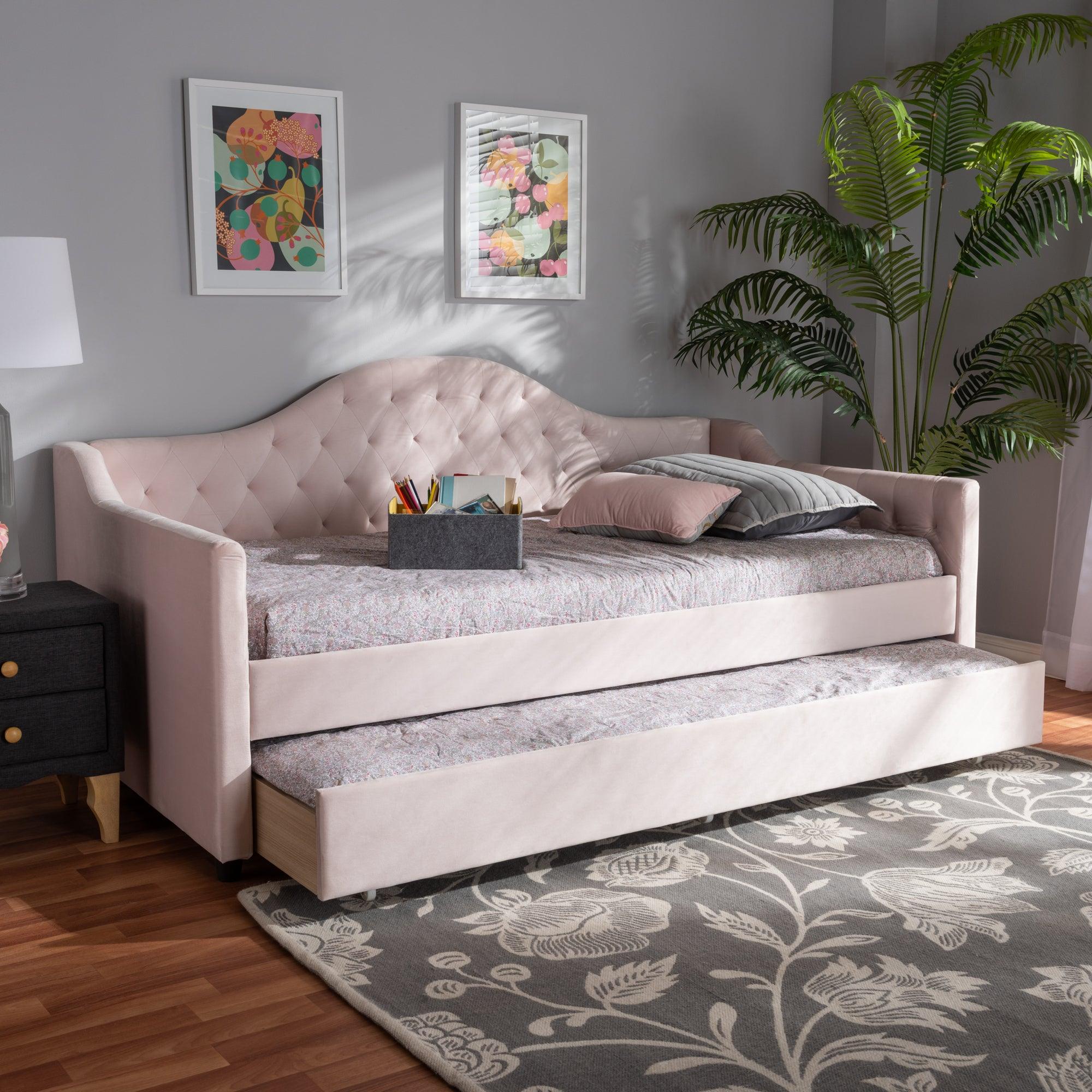 Perry Modern and Contemporary Light Velvet Fabric Upholstered and Button Tufted Daybed with Trundle