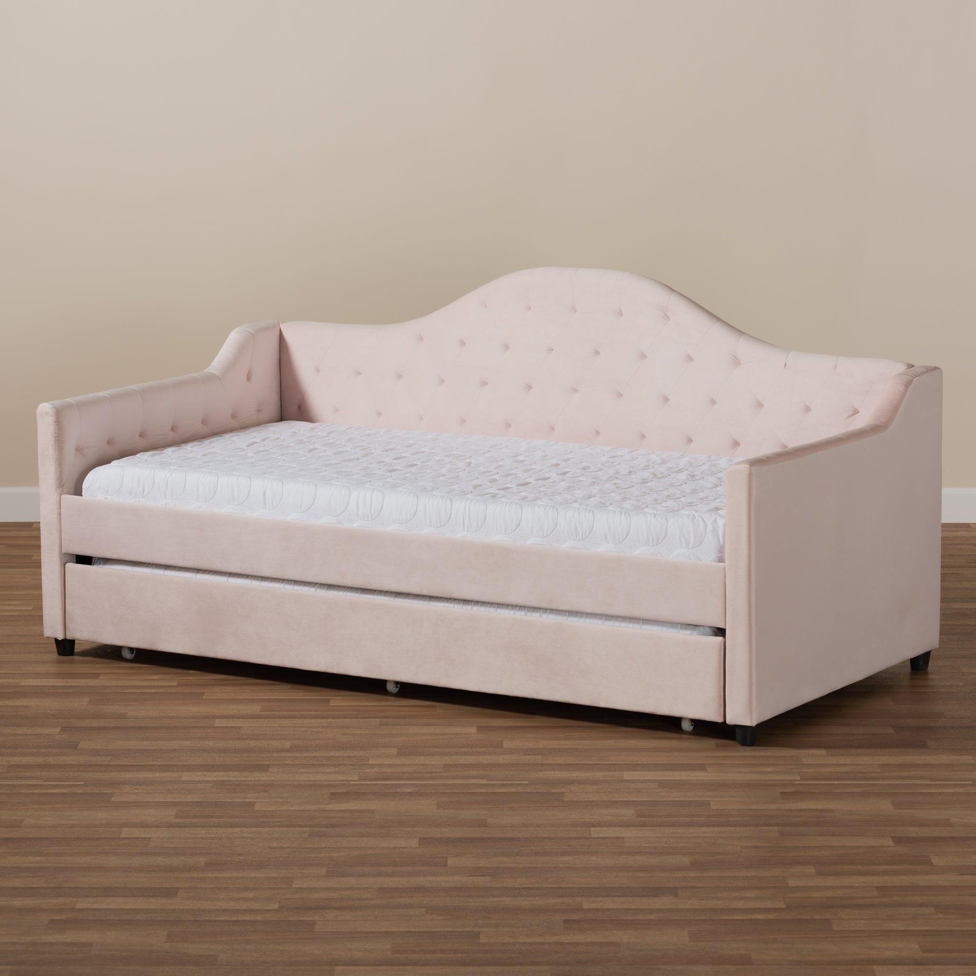 Perry Modern and Contemporary Light Velvet Fabric Upholstered and Button Tufted Daybed with Trundle