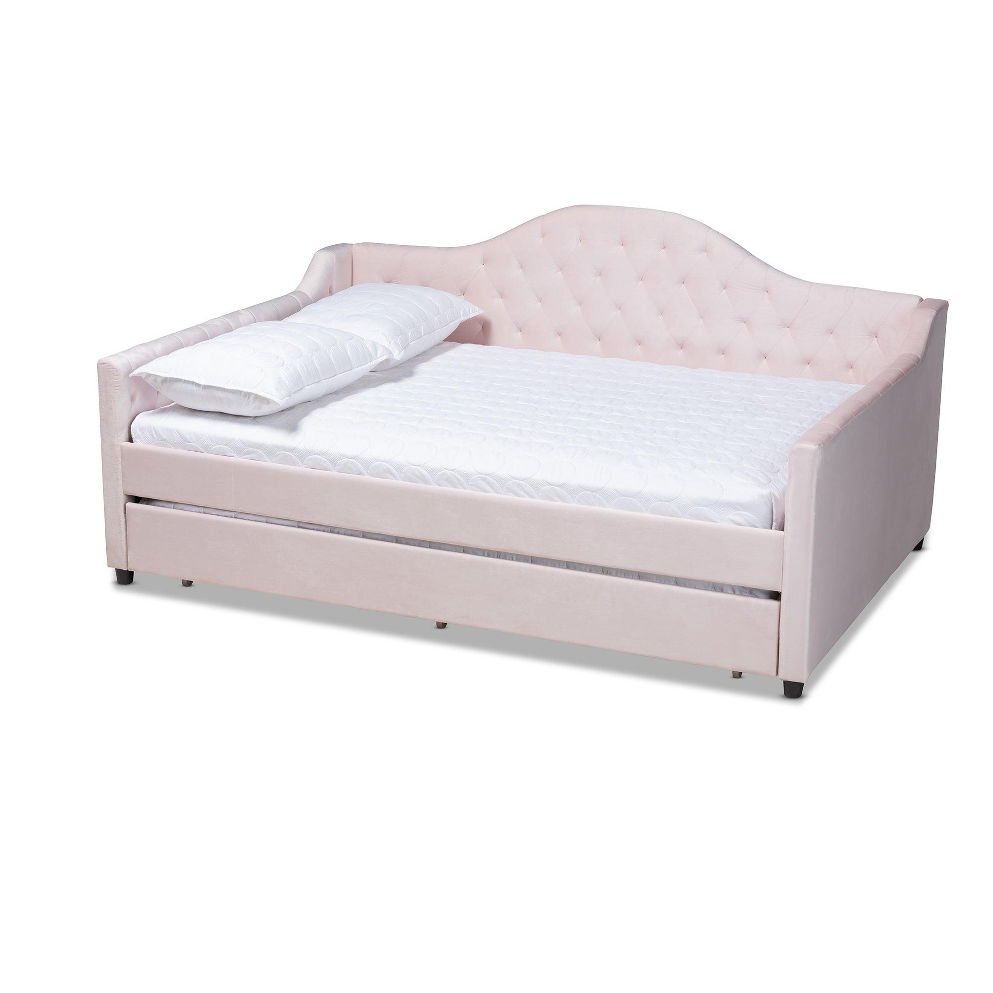 Perry Modern and Contemporary Light Velvet Fabric Upholstered and Button Tufted Daybed with Trundle