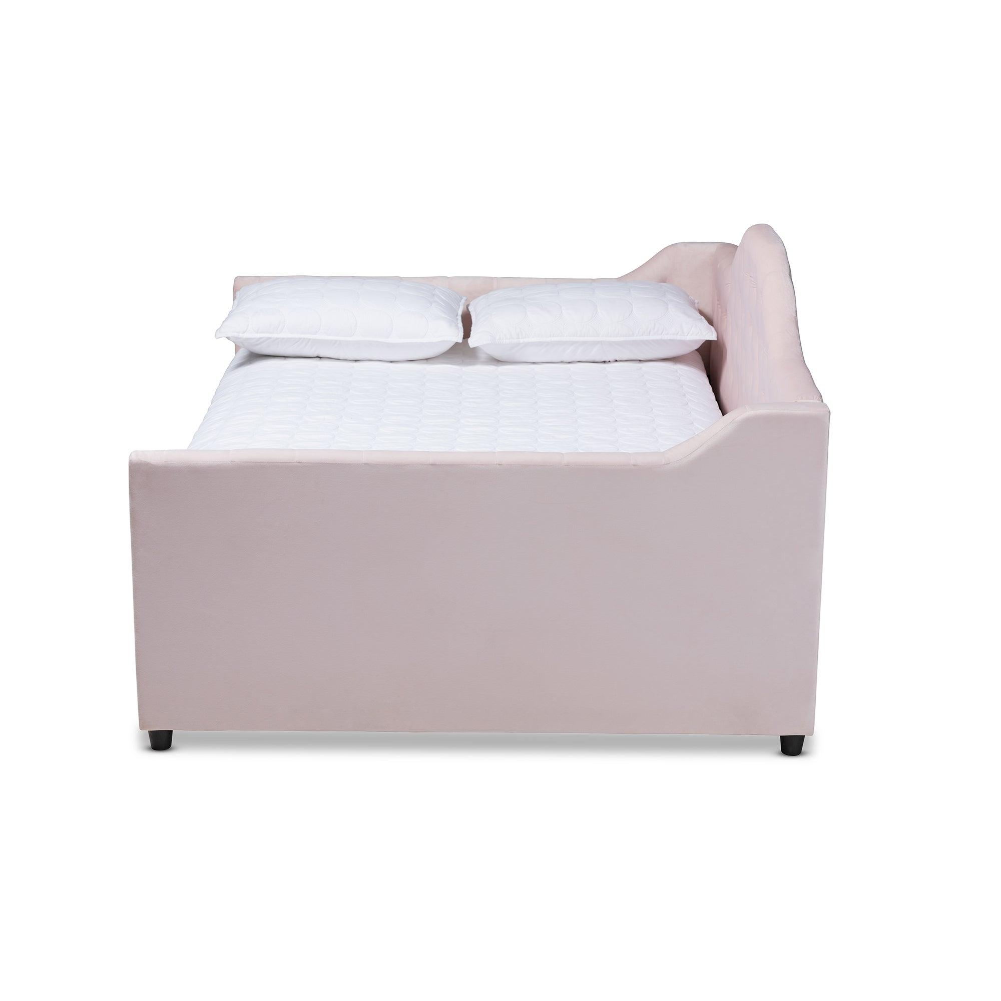 Perry Modern and Contemporary Light Velvet Fabric Upholstered and Button Tufted Daybed with Trundle