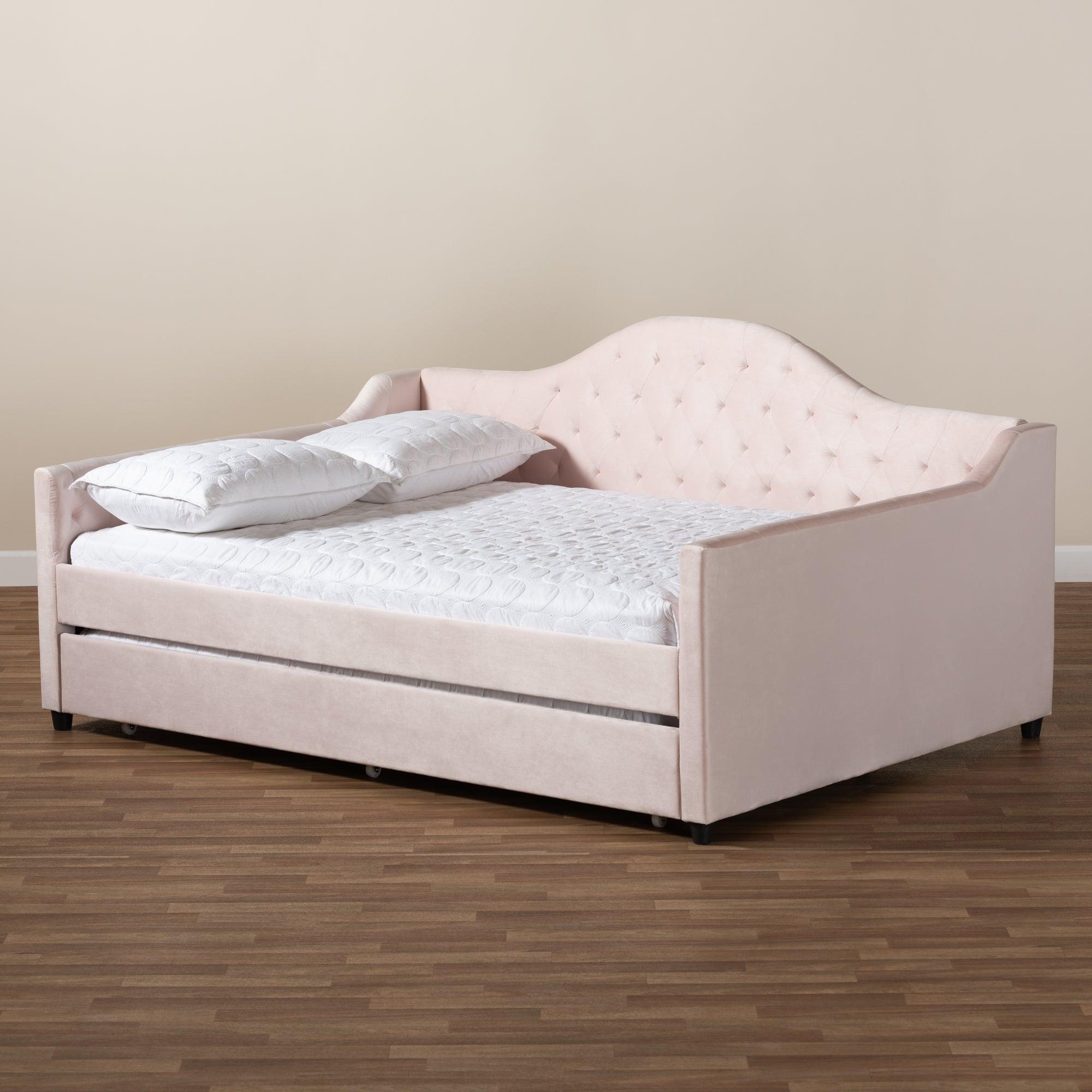 Perry Modern and Contemporary Light Velvet Fabric Upholstered and Button Tufted Daybed with Trundle