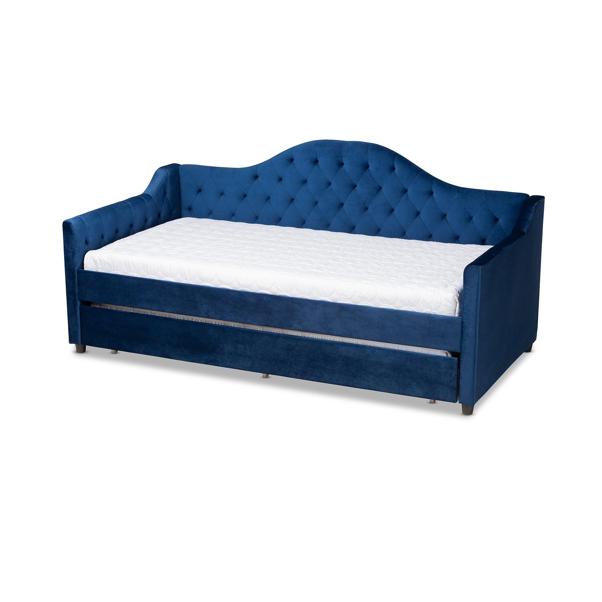 Perry Modern and Contemporary Royal Velvet Fabric Upholstered and Button Tufted Daybed with Trundle