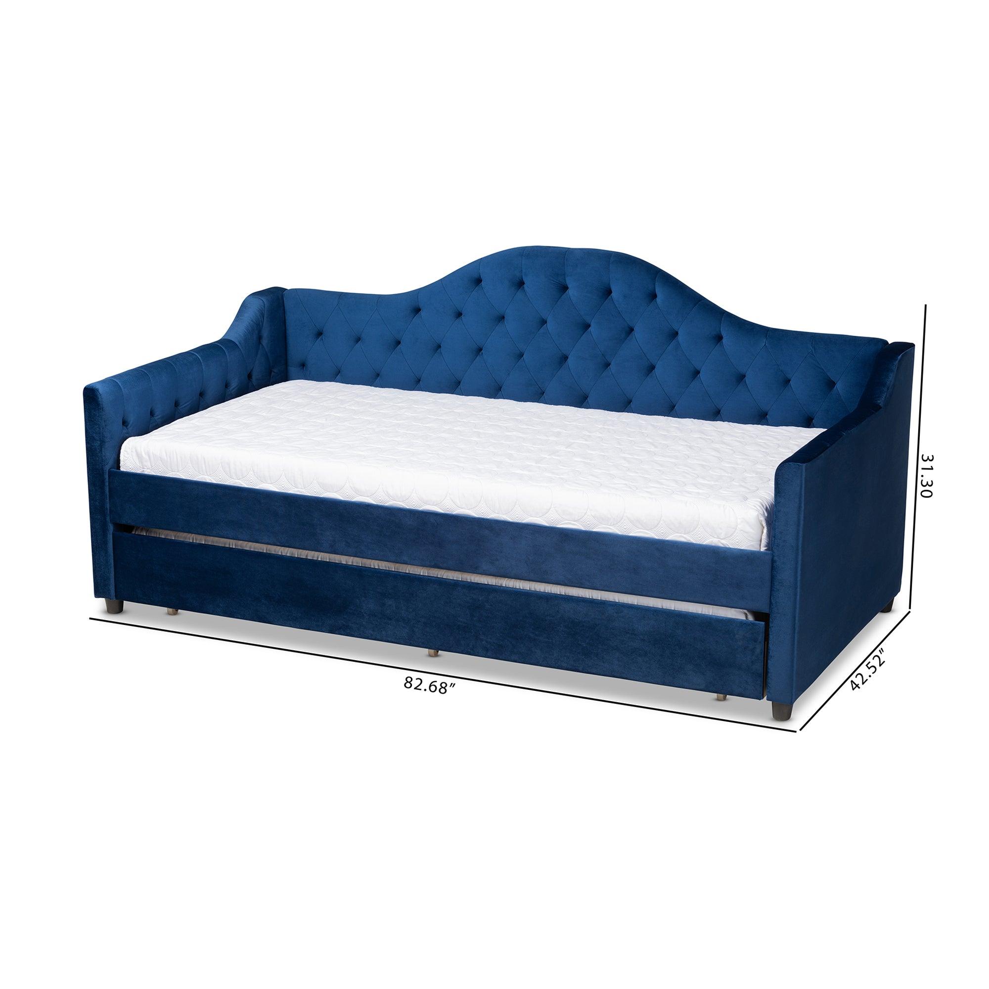 Perry Modern and Contemporary Royal Velvet Fabric Upholstered and Button Tufted Daybed with Trundle