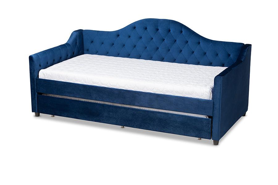 Perry Modern and Contemporary Royal Velvet Fabric Upholstered and Button Tufted Daybed with Trundle