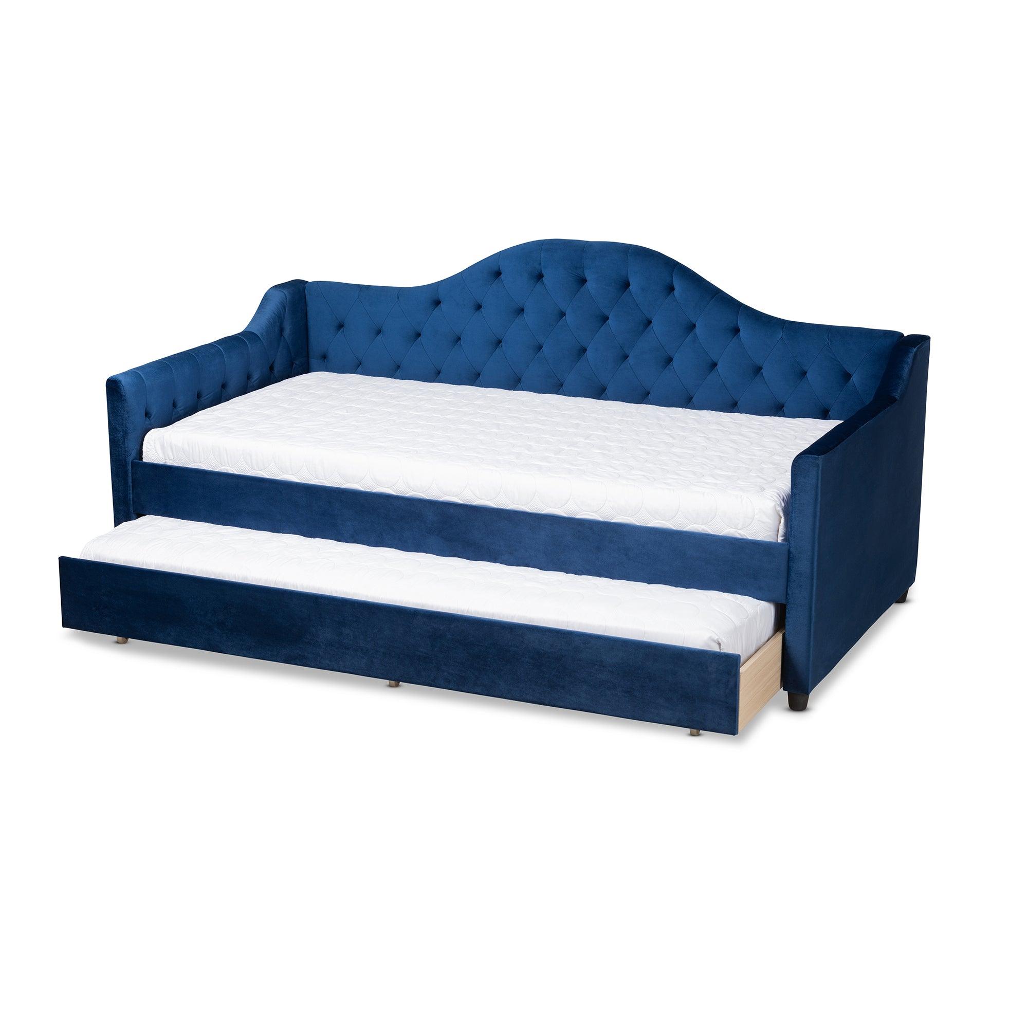 Perry Modern and Contemporary Royal Velvet Fabric Upholstered and Button Tufted Daybed with Trundle