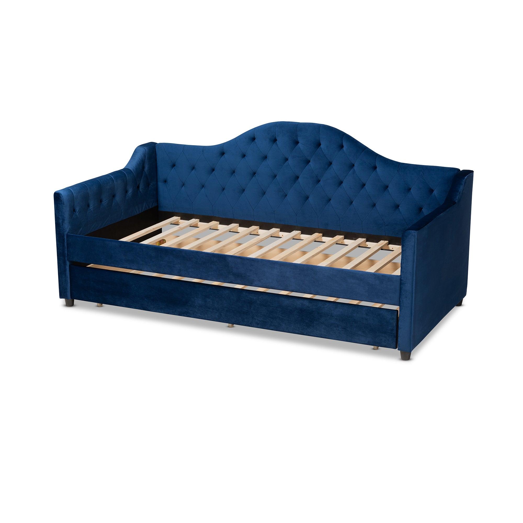 Perry Modern and Contemporary Royal Velvet Fabric Upholstered and Button Tufted Daybed with Trundle