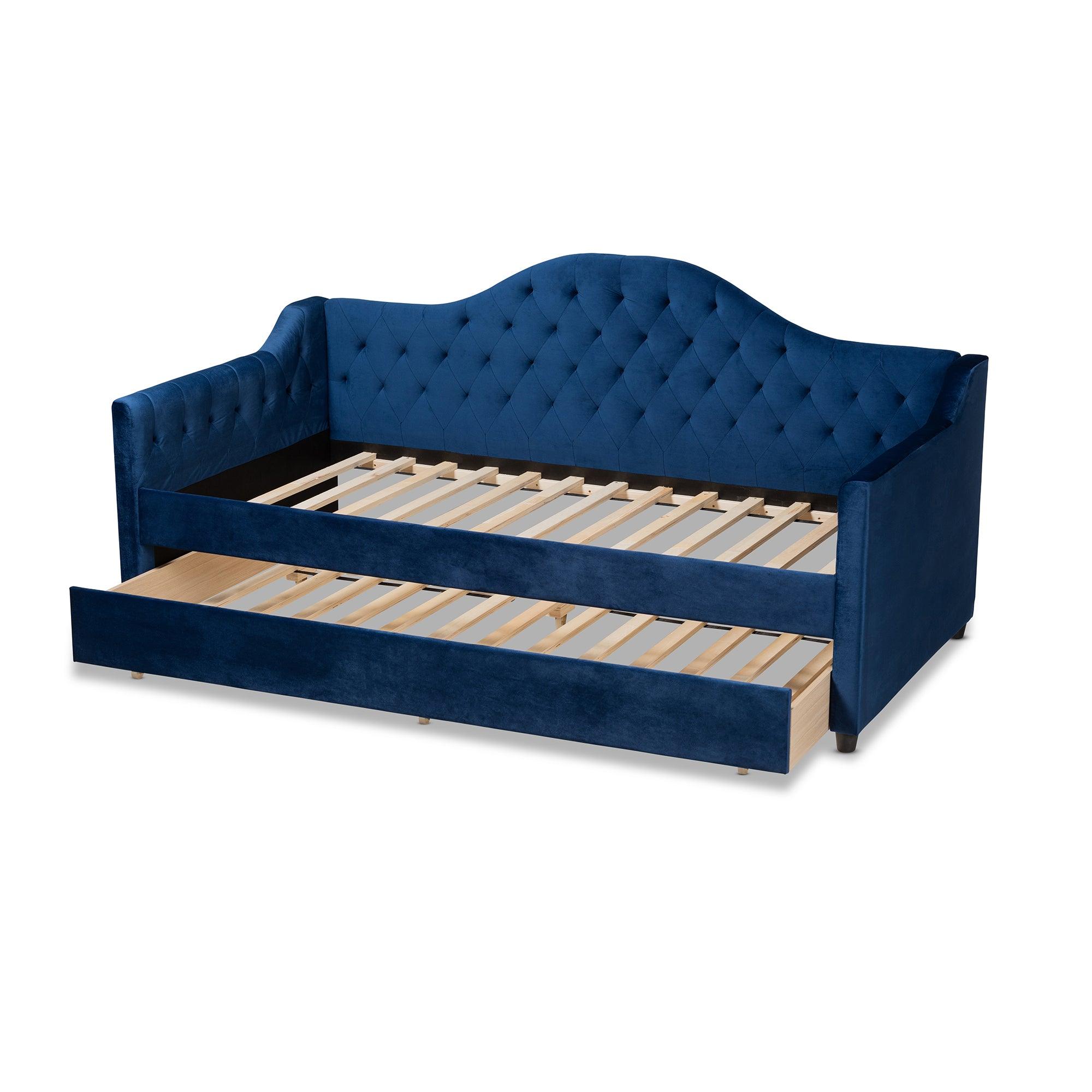 Perry Modern and Contemporary Royal Velvet Fabric Upholstered and Button Tufted Daybed with Trundle