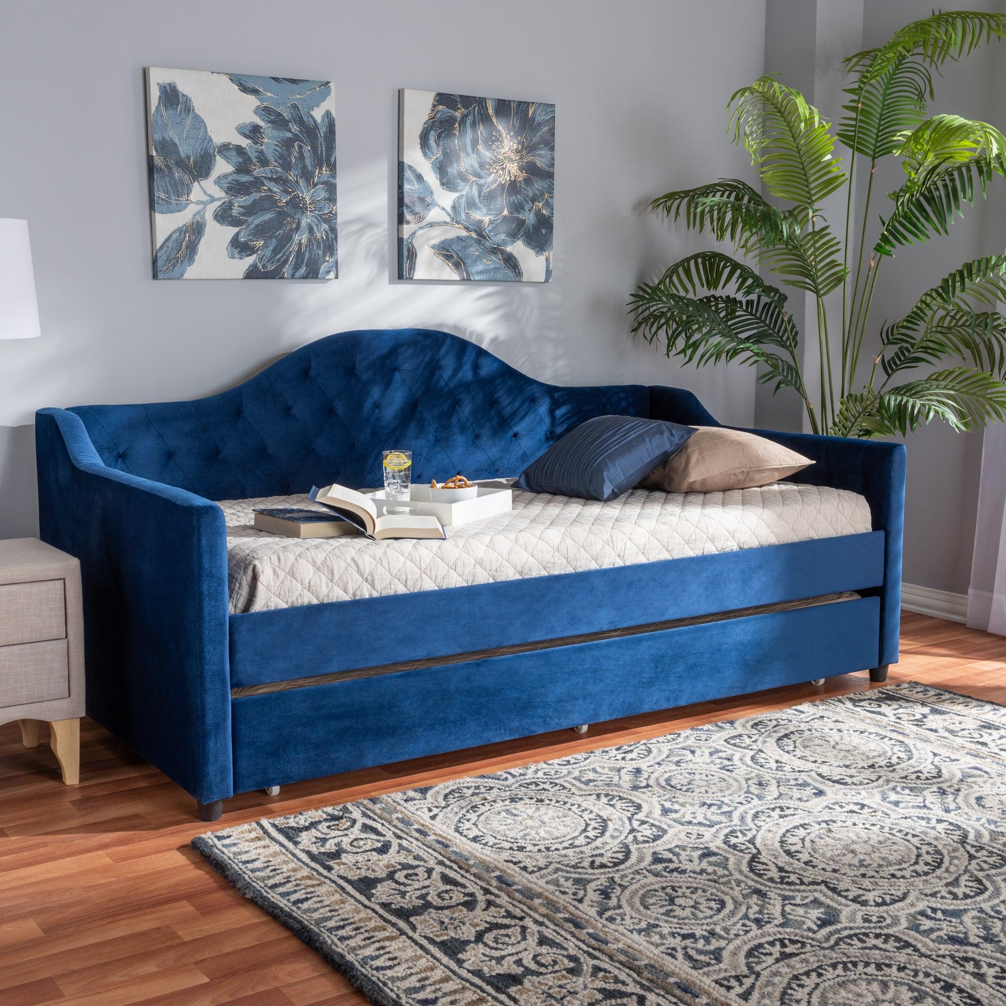 Perry Modern and Contemporary Royal Velvet Fabric Upholstered and Button Tufted Daybed with Trundle