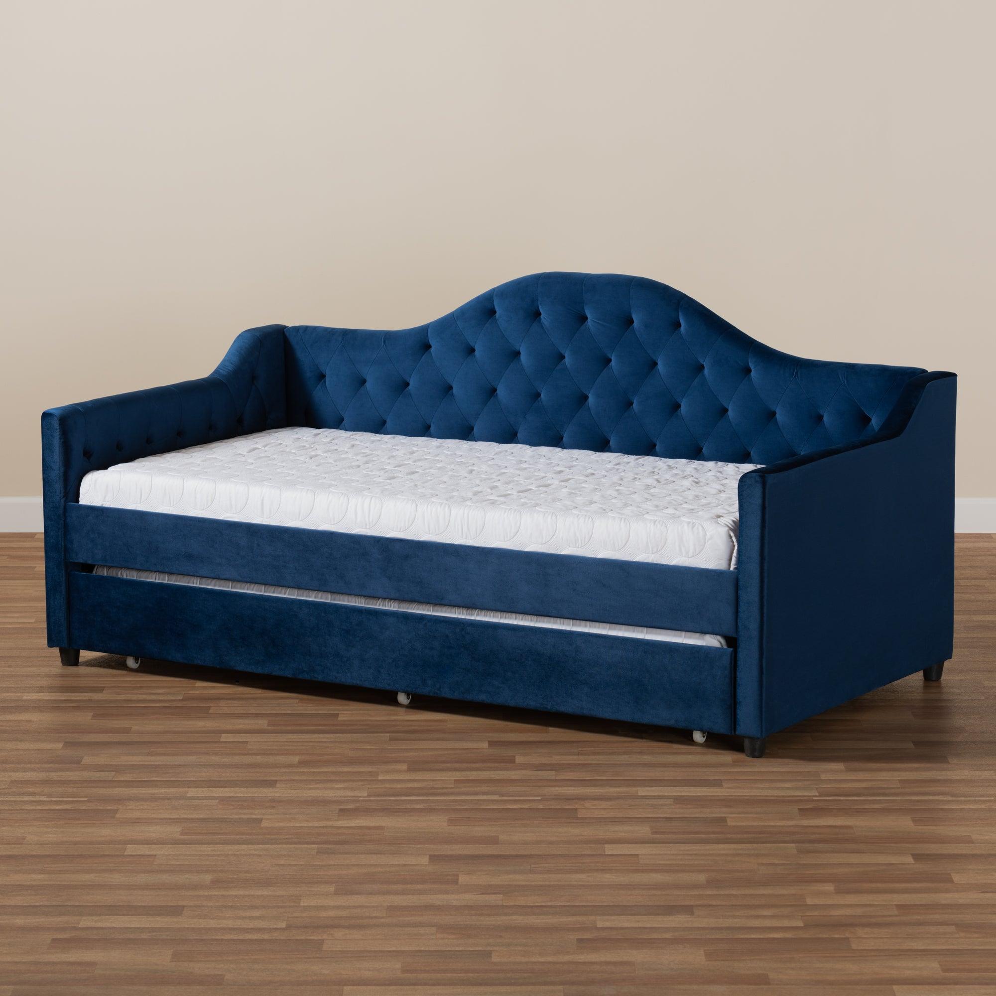 Perry Modern and Contemporary Royal Velvet Fabric Upholstered and Button Tufted Daybed with Trundle