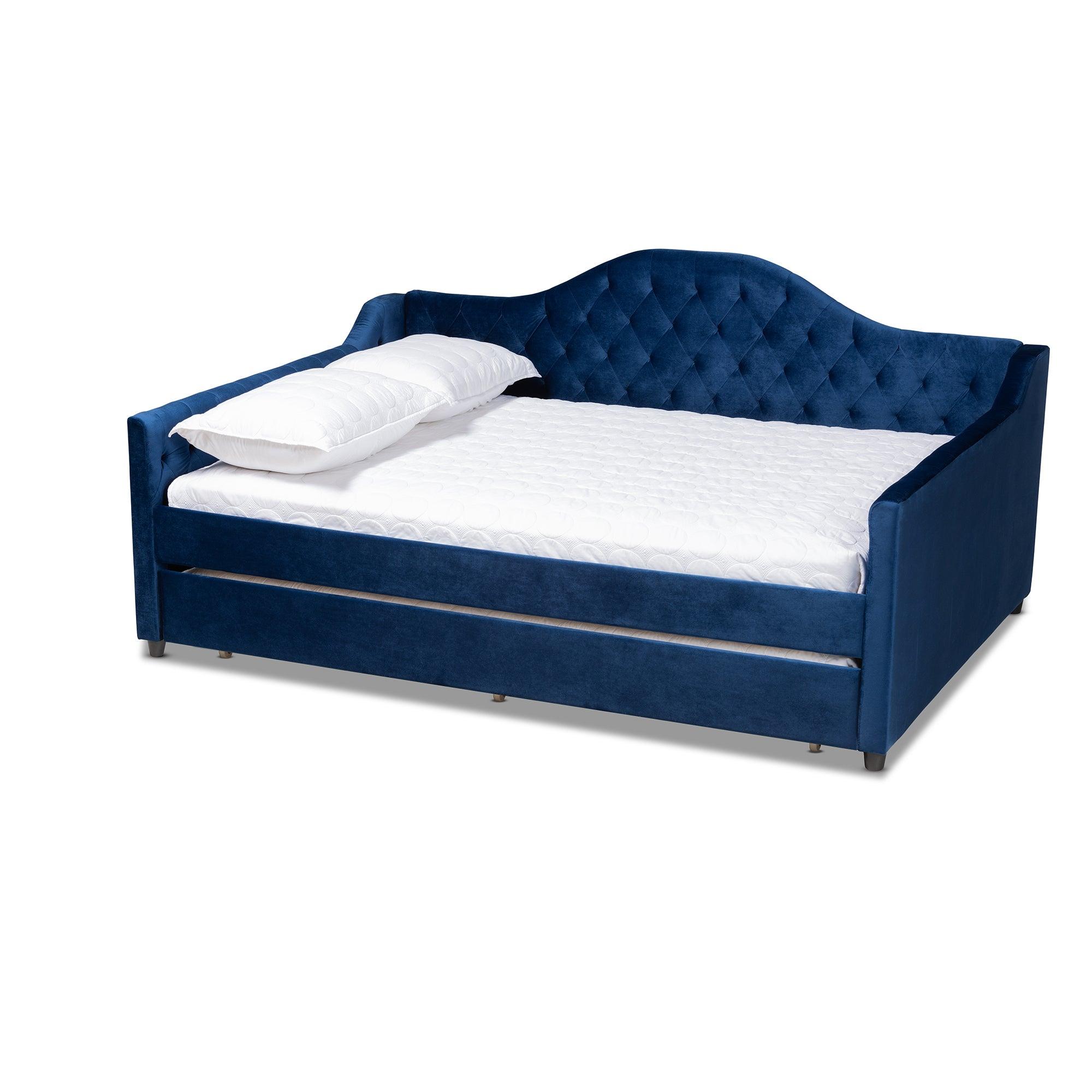 Perry Modern and Contemporary Royal Velvet Fabric Upholstered and Button Tufted Daybed with Trundle