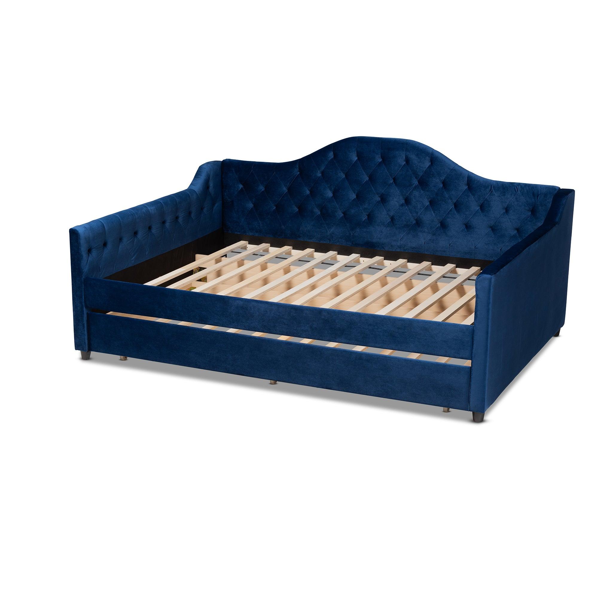 Perry Modern and Contemporary Royal Velvet Fabric Upholstered and Button Tufted Daybed with Trundle