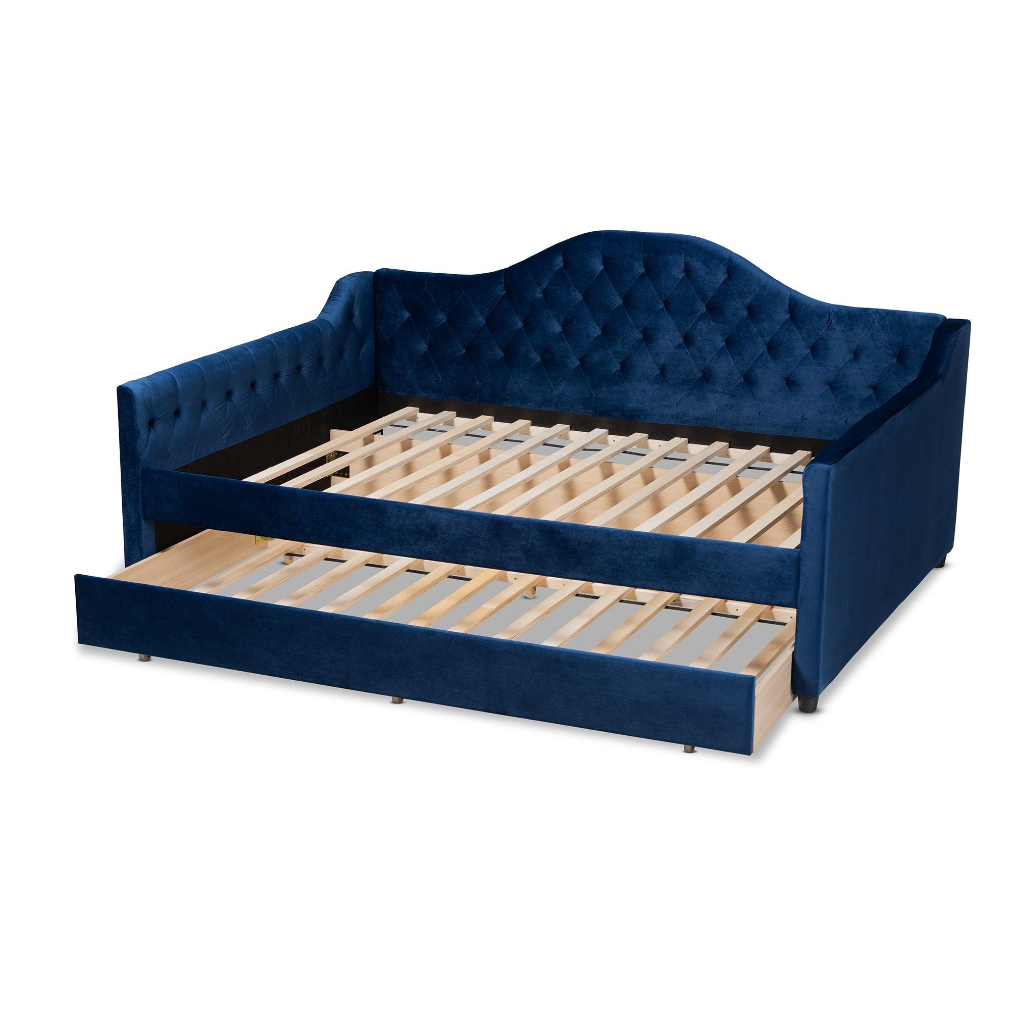 Perry Modern and Contemporary Royal Velvet Fabric Upholstered and Button Tufted Daybed with Trundle