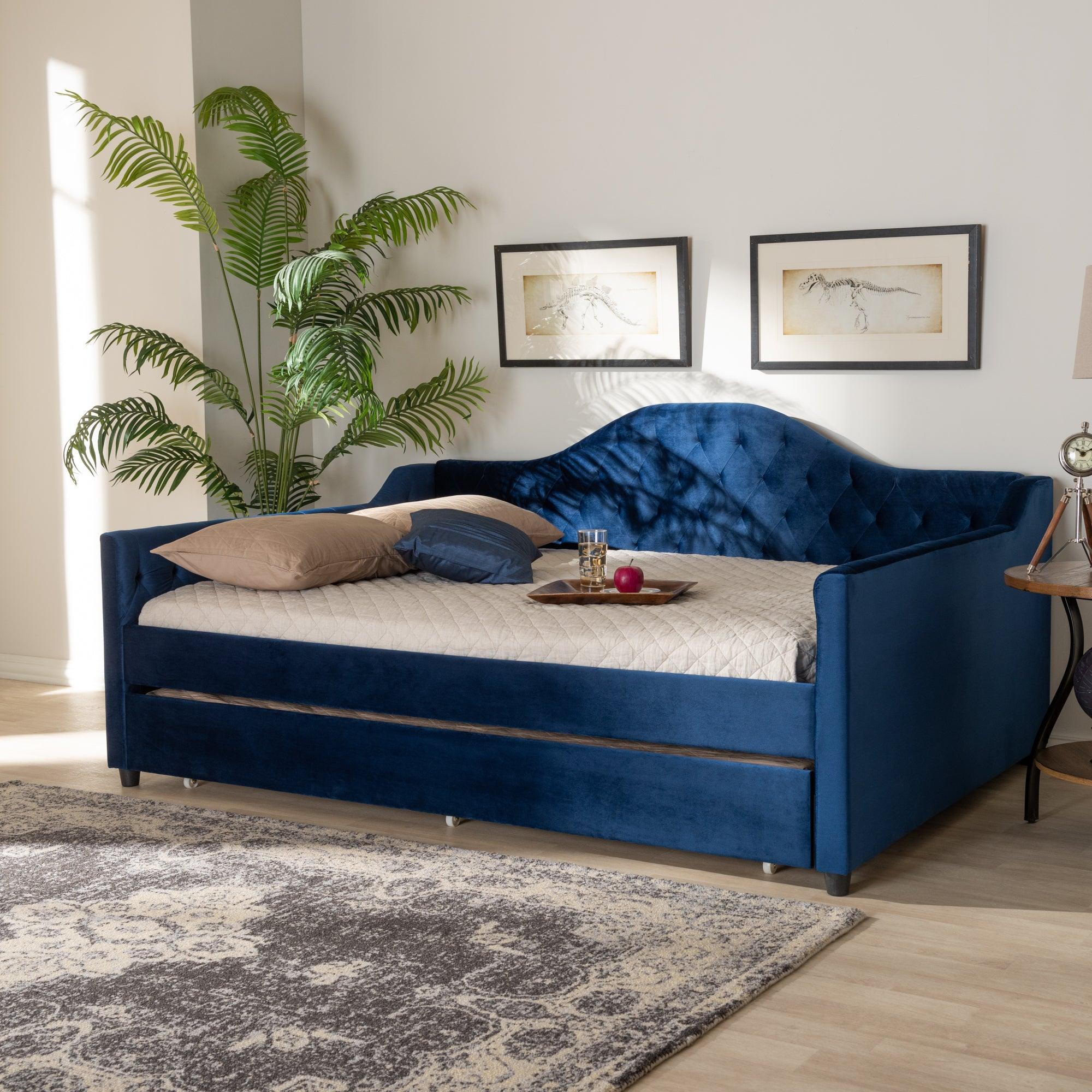 Perry Modern and Contemporary Royal Velvet Fabric Upholstered and Button Tufted Daybed with Trundle