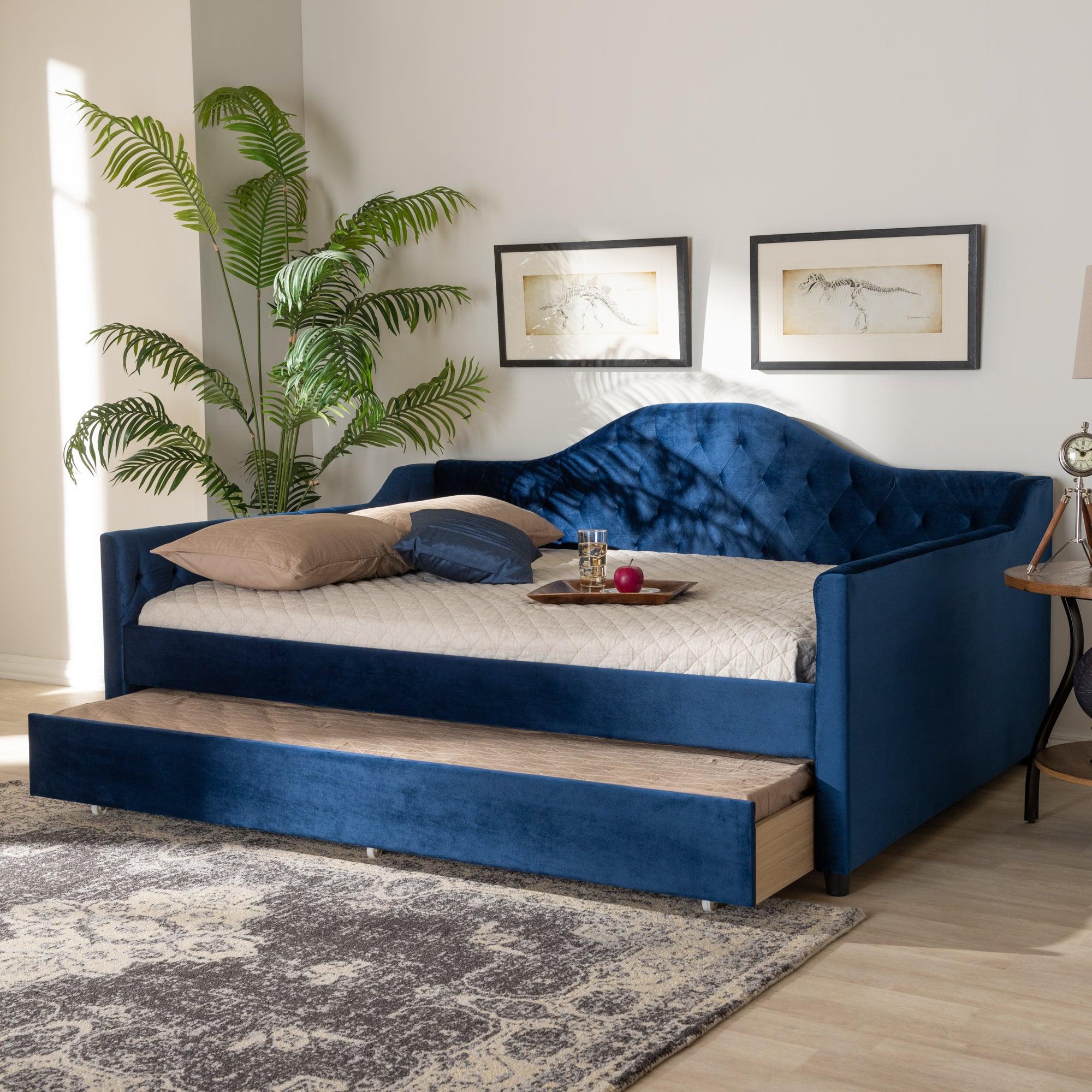 Perry Modern and Contemporary Royal Velvet Fabric Upholstered and Button Tufted Daybed with Trundle