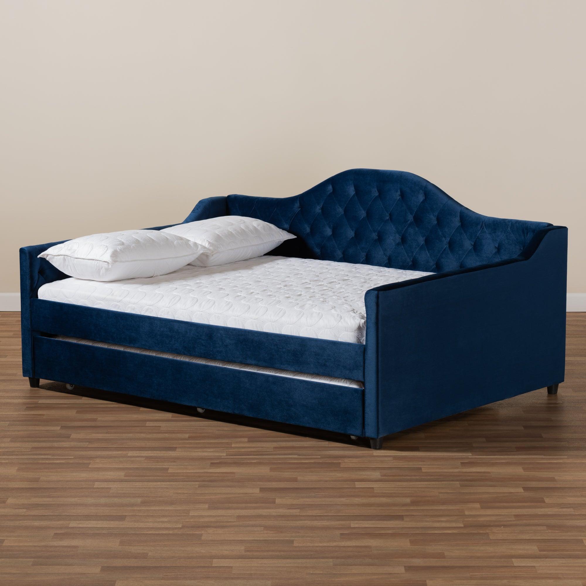 Perry Modern and Contemporary Royal Velvet Fabric Upholstered and Button Tufted Daybed with Trundle